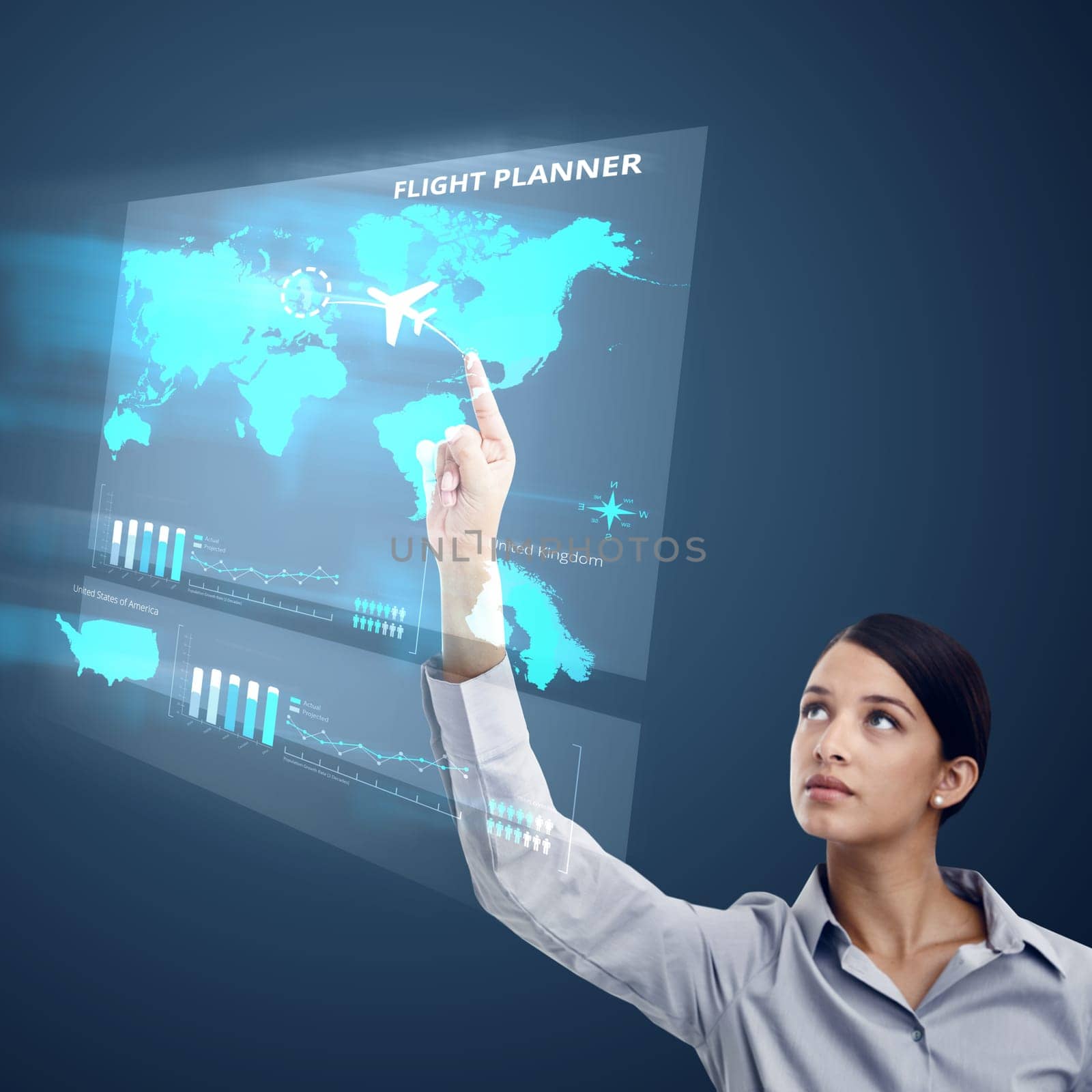 Hologram, screen and travel worldwide with woman, data analytics and global map for flight plan on blue background. Business employee, corporate flying and UI, 3D dashboard and international airline.