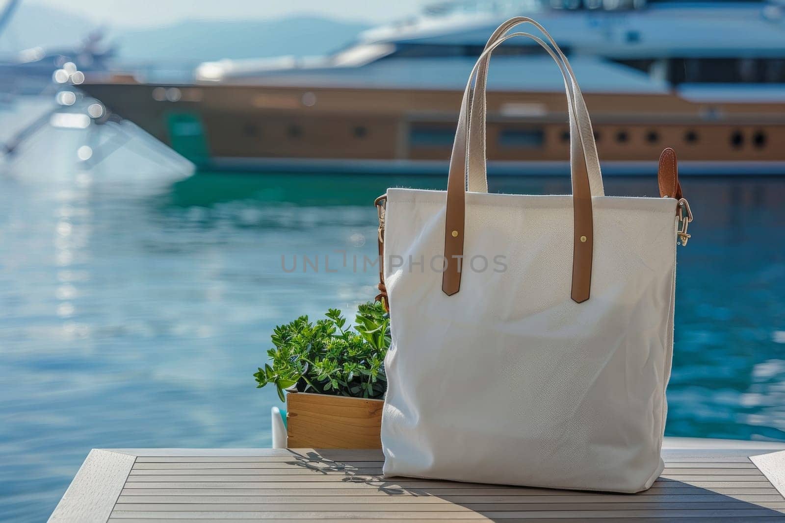 A white purse is sitting on a table next to a boat. The purse is made of leather and has a brown strap. The scene is set on a sunny day, with the boat in the background and the purse on the table