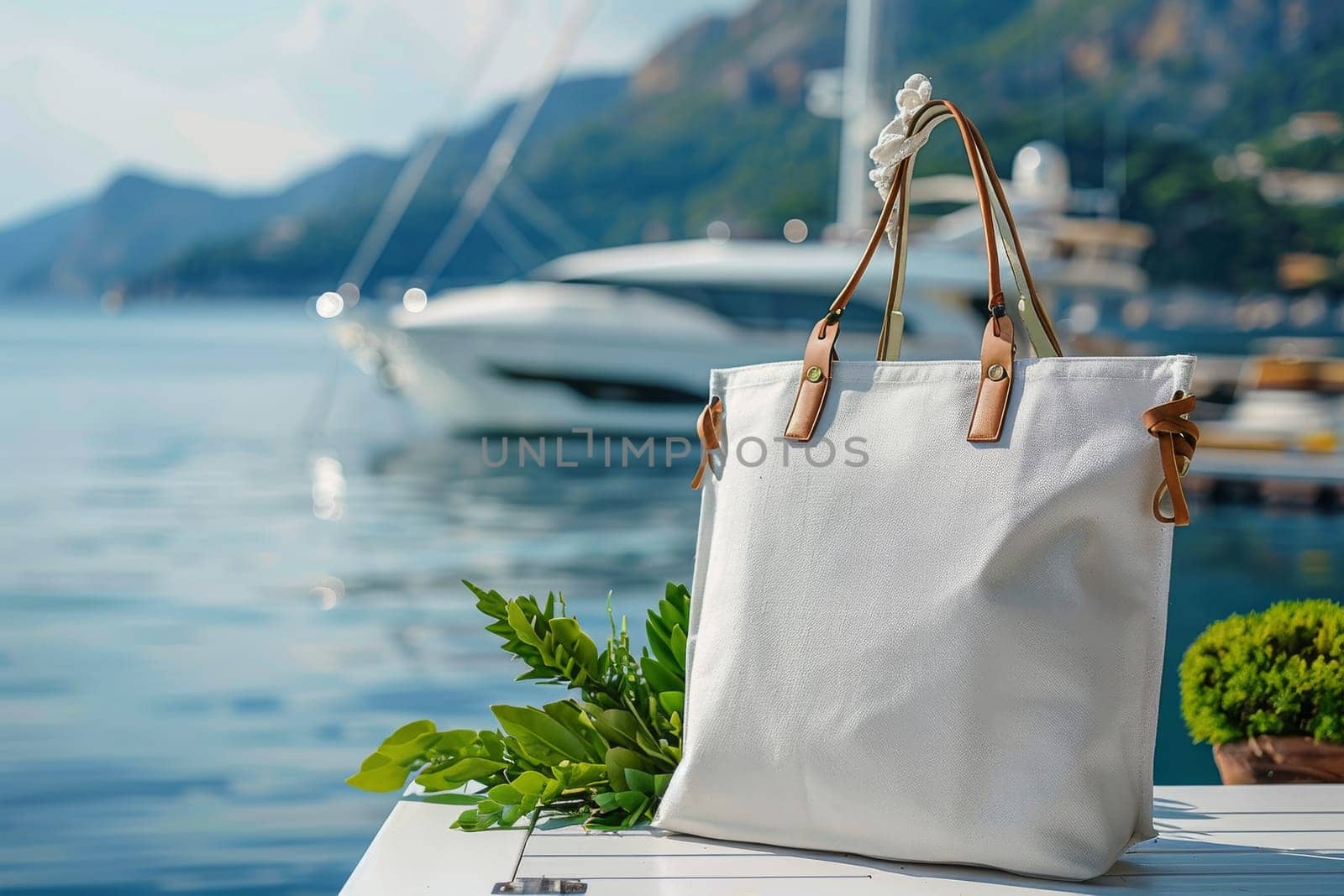 A white purse is sitting on a table next to a boat. The purse is made of leather and has a brown strap. The scene is set on a sunny day, with the boat in the background and the purse on the table