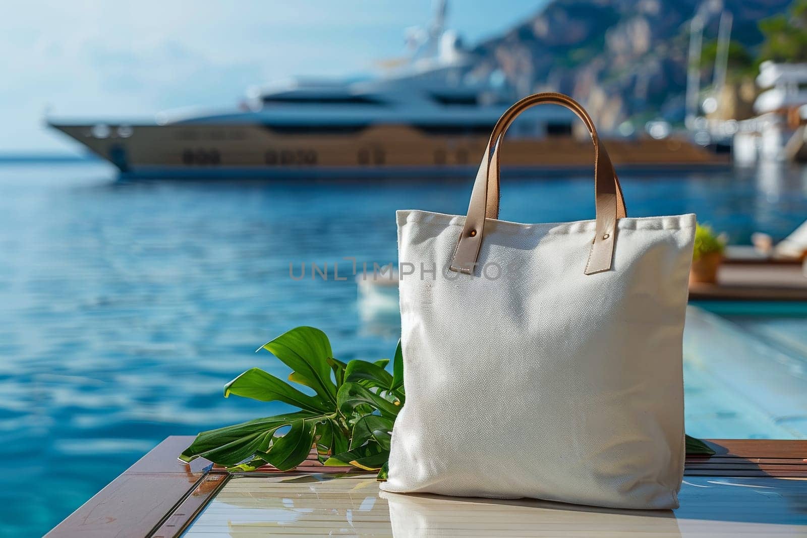 A white purse is sitting on a table next to a boat. The purse is made of leather and has a brown strap. The scene is set on a sunny day, with the boat in the background and the purse on the table