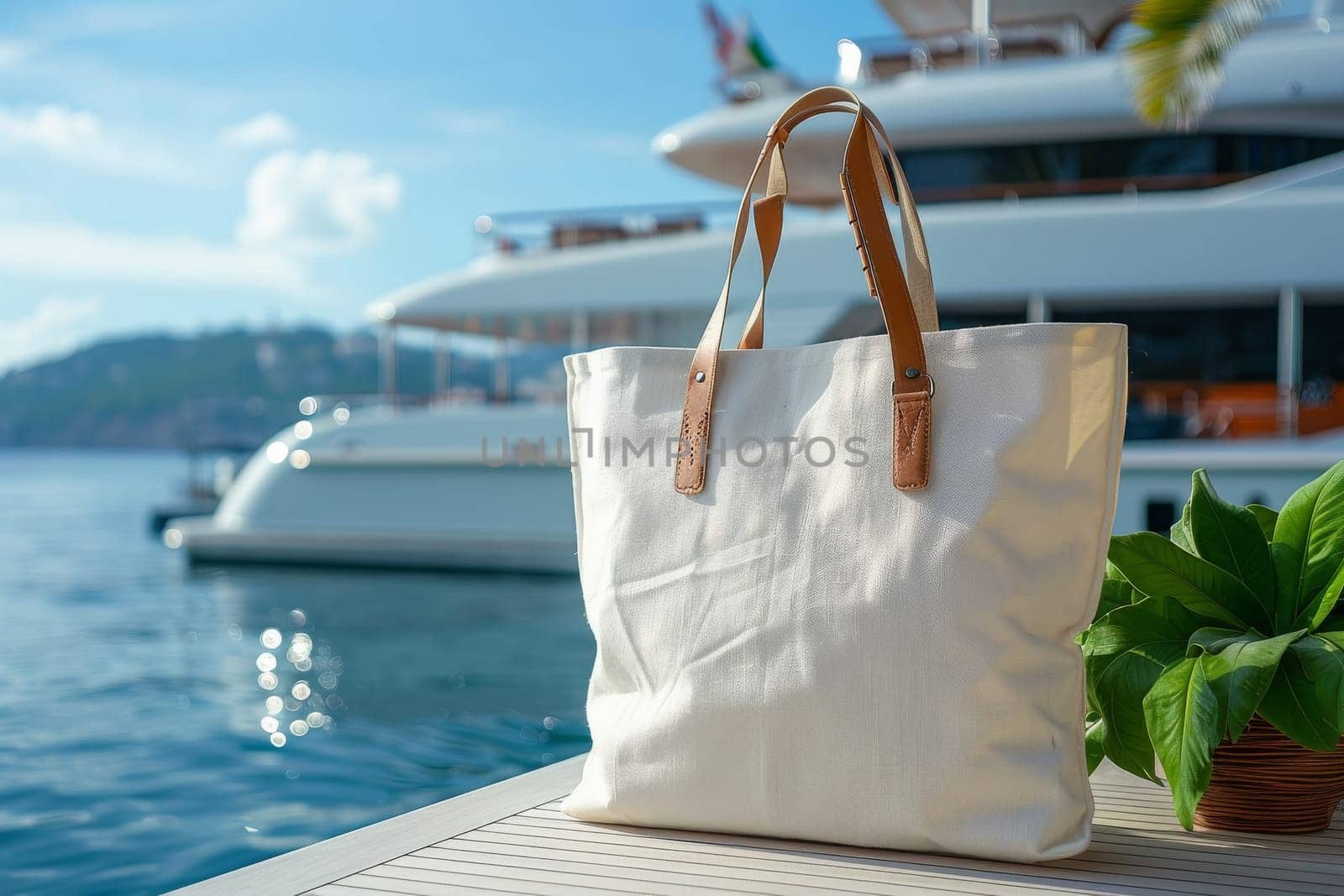 A white purse is sitting on a table next to a boat by itchaznong