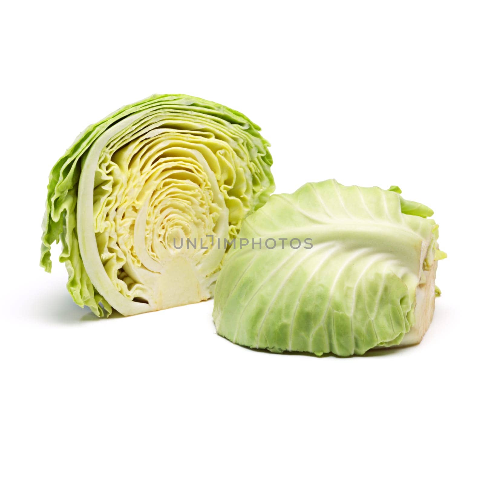 Cabbage half, vegetable or edible plant for harvest, fresh leafs and food for raw produce on diet on white background. Green, nutrition or healthy organic with vitamins and round with antioxidant.