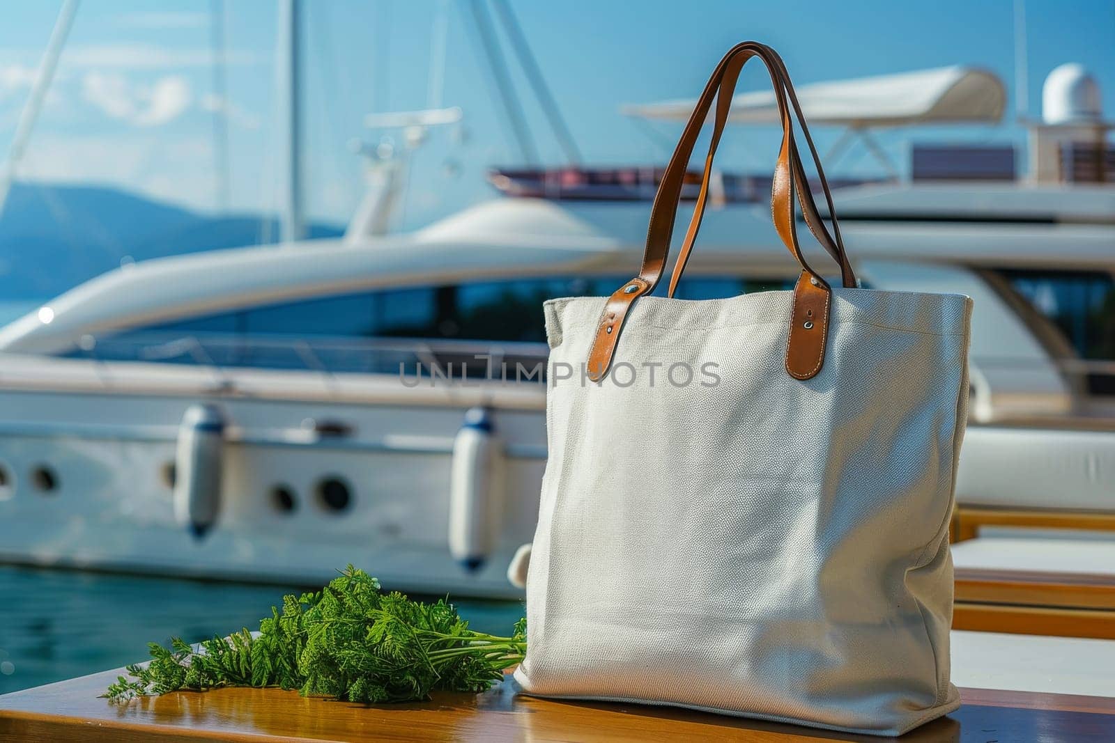 A white purse is sitting on a table next to a boat. The purse is made of leather and has a brown strap. The scene is set on a sunny day, with the boat in the background and the purse on the table