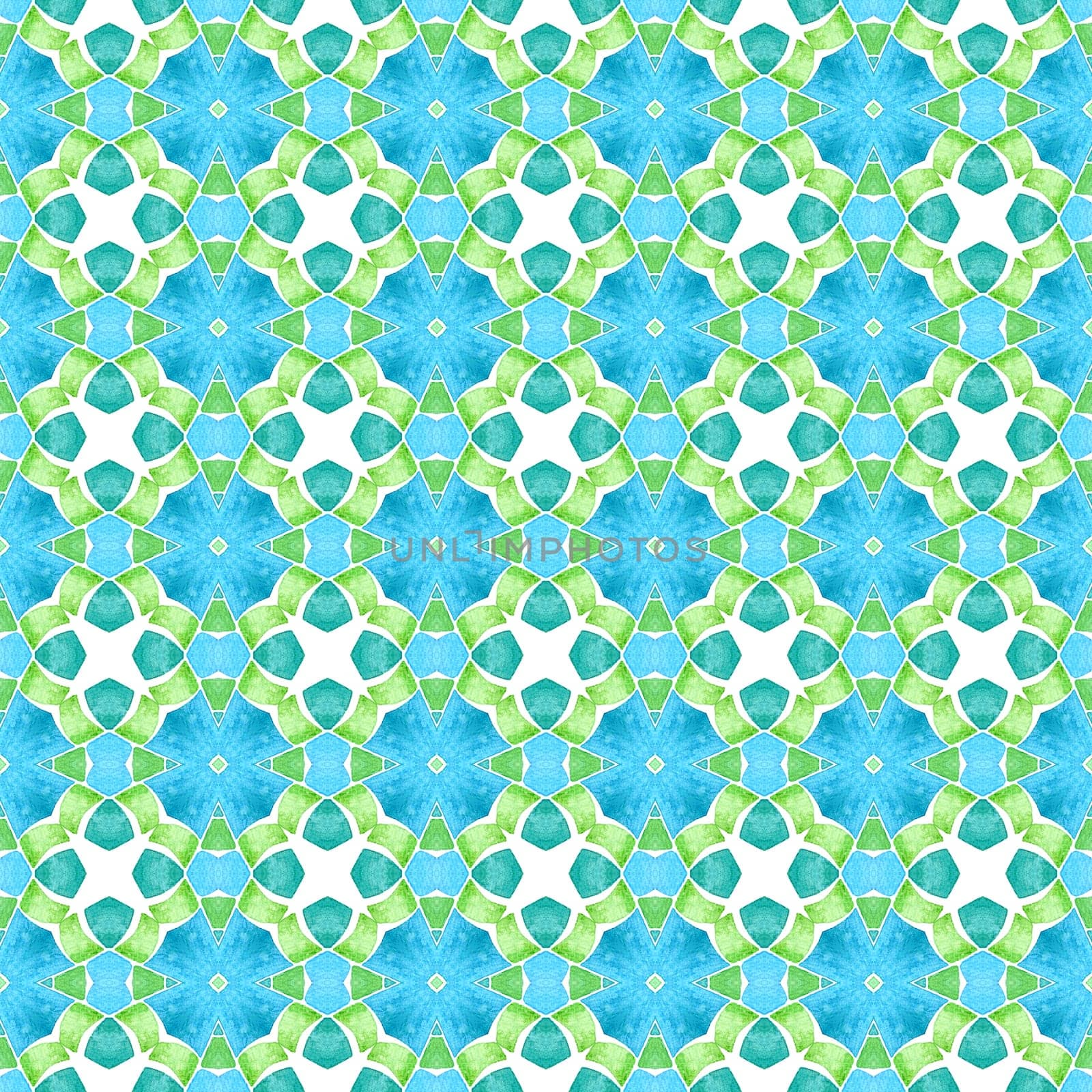 Textile ready radiant print, swimwear fabric, wallpaper, wrapping. Green brilliant boho chic summer design. Watercolor ikat repeating tile border. Ikat repeating swimwear design.