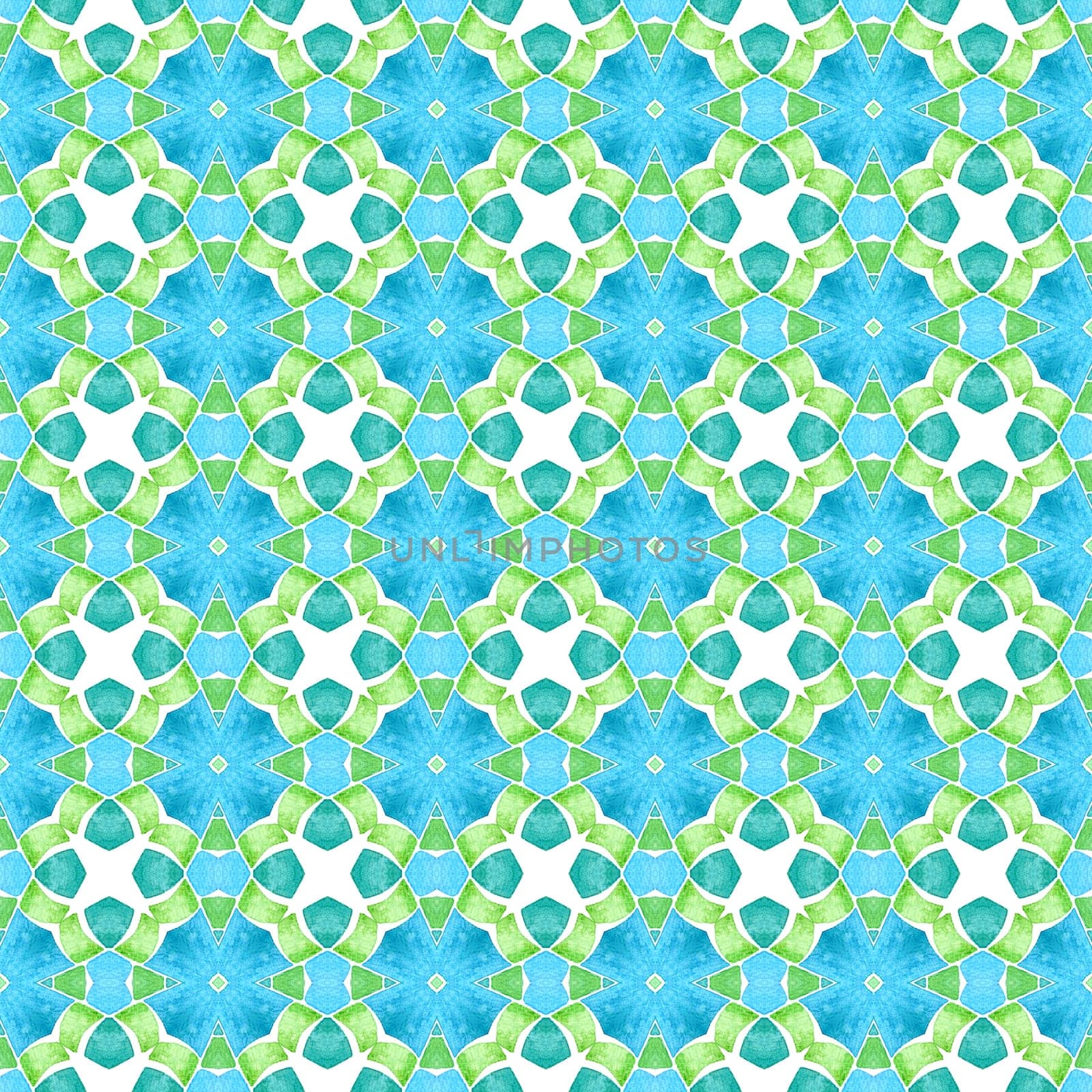 Textile ready radiant print, swimwear fabric, wallpaper, wrapping. Green brilliant boho chic summer design. Watercolor ikat repeating tile border. Ikat repeating swimwear design.