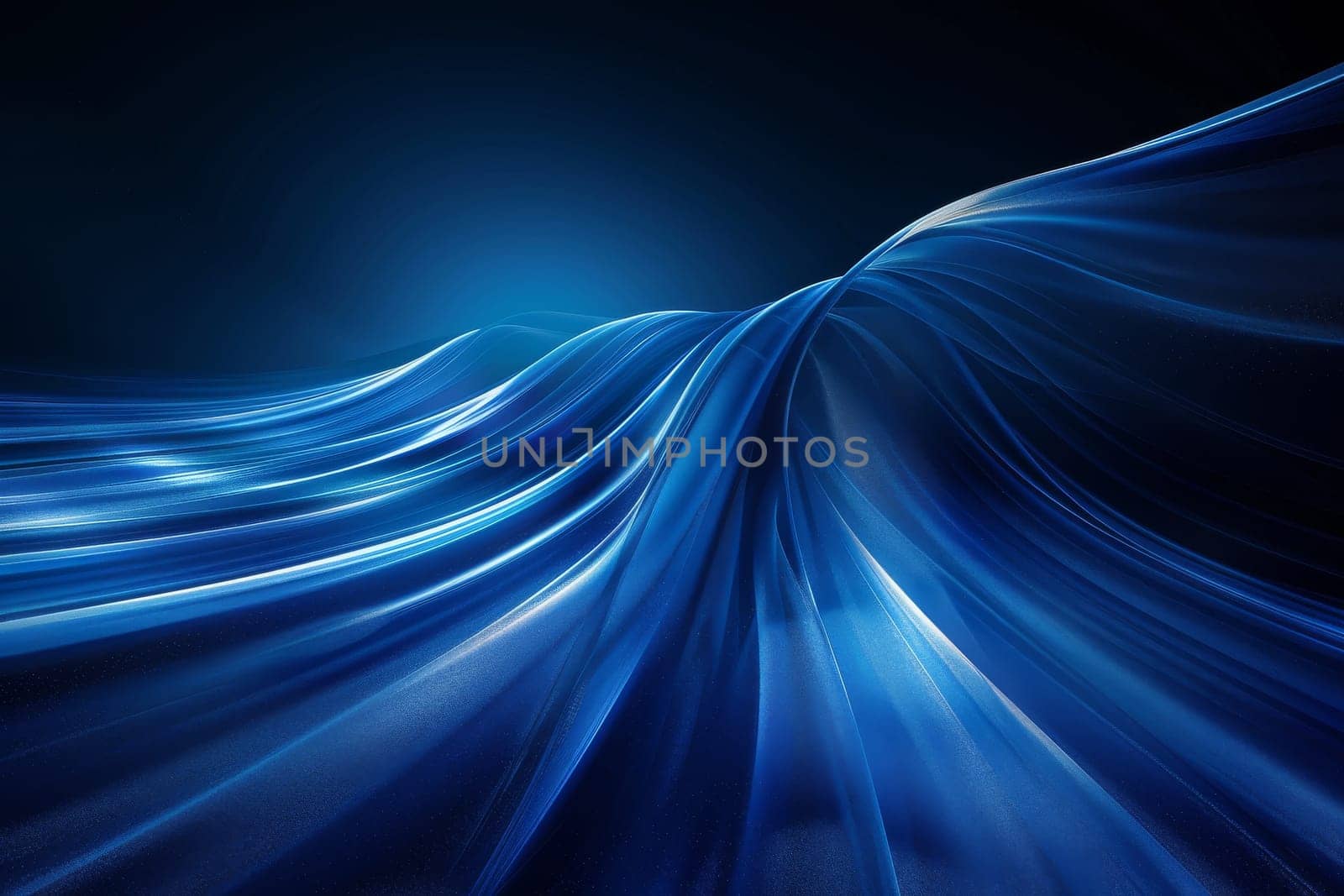 A blue wave of light is projected onto a dark background. Concept of movement and energy, as if the light is flowing through the air. The blue color of the wave adds a calming