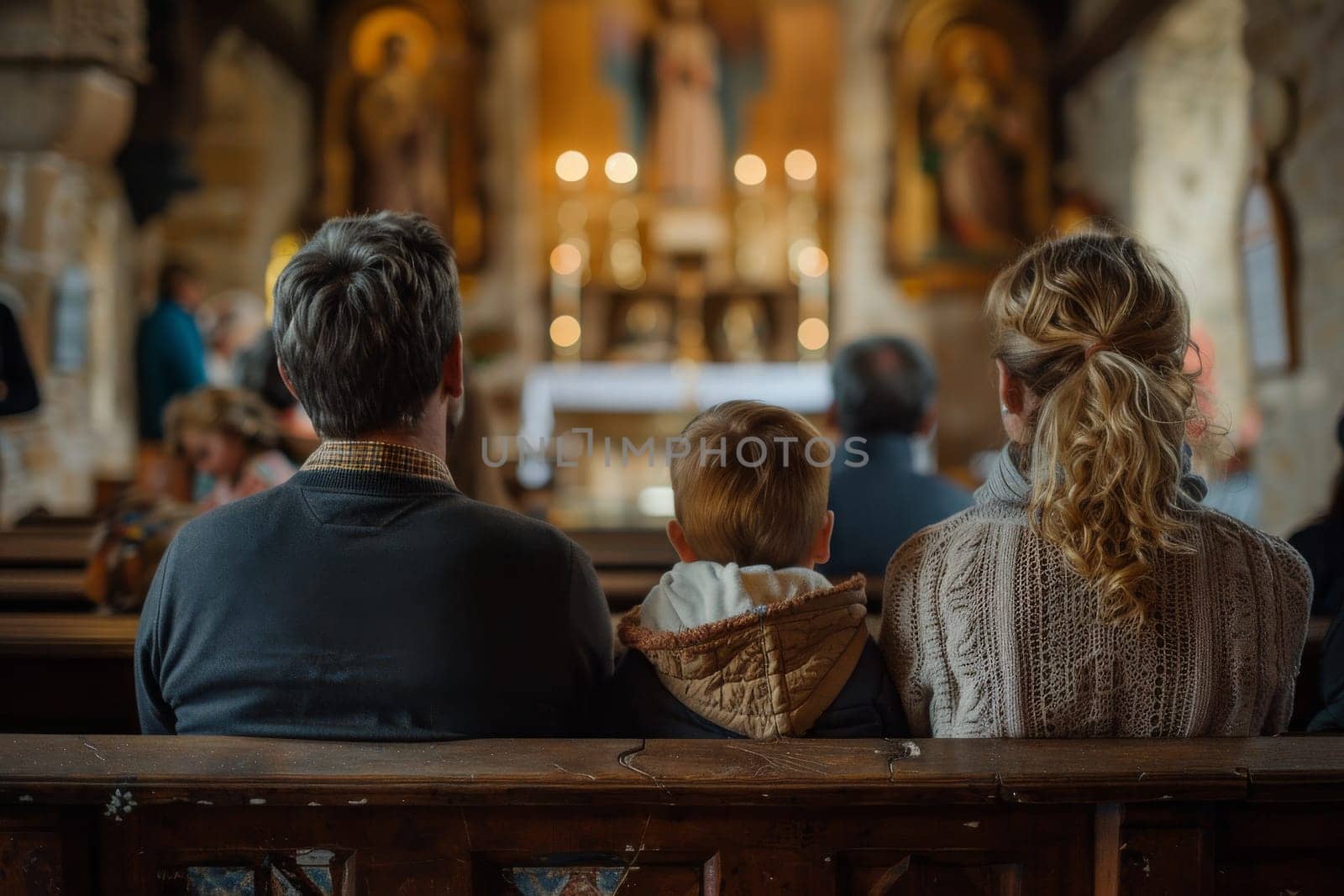A family of three sits in a church pew. The woman is wearing a floral dress and the man is wearing a white shirt