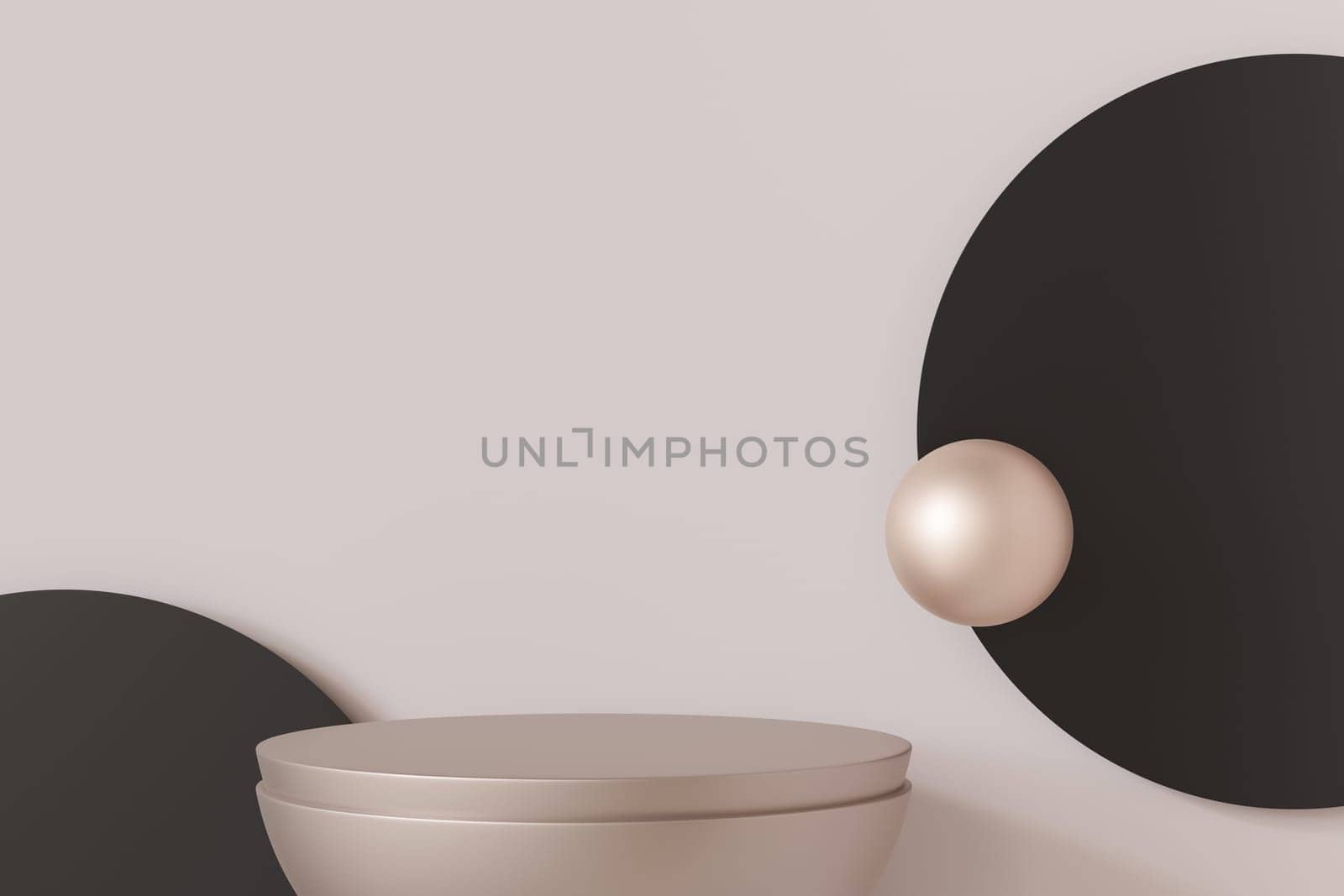 Empty minimalist scene with abstract black and metallic shapes. Beige background. Template for product, cosmetic presentation. Mock up. Backdrop with empty, copy space. Display, showcase. 3D render