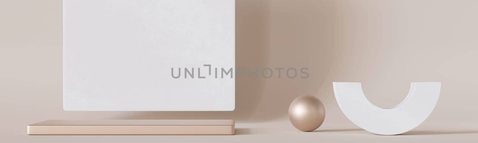 Empty minimalist scene with abstract white and metallic shapes. Beige background. Template for product, cosmetic presentation. Mock up. Backdrop with empty, copy space. Display, showcase. 3D render. by creativebird