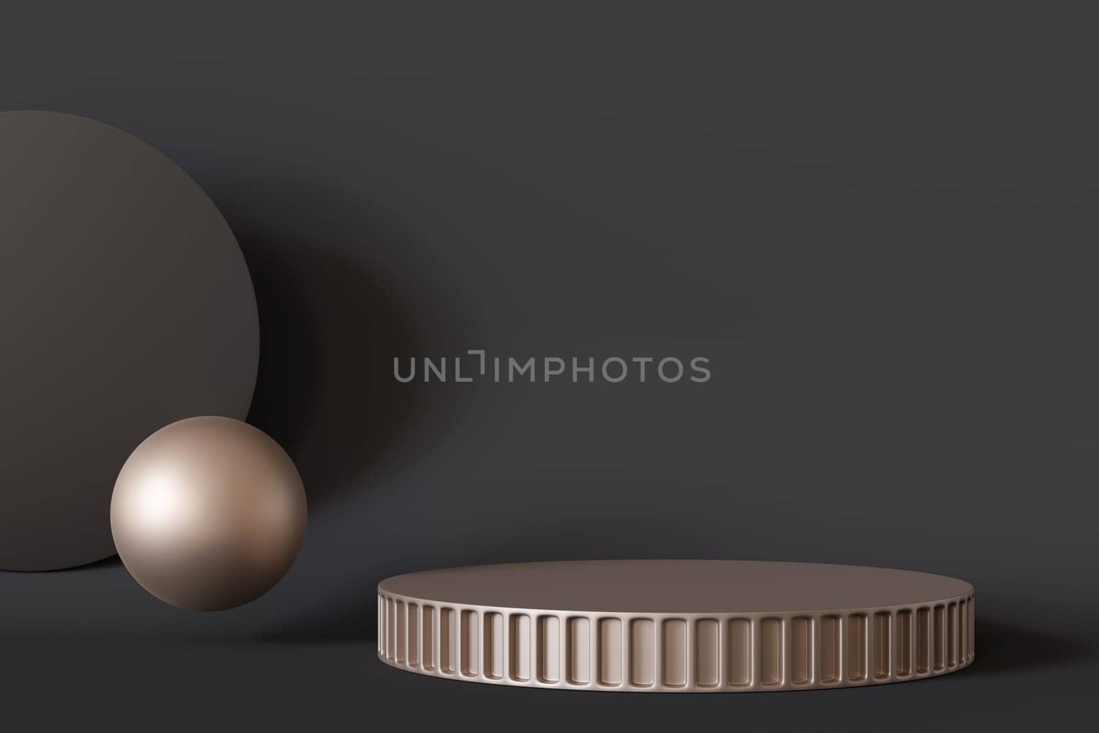 Elegant product presentation podium with geometric shapes against a dark backdrop, ideal for high-end merchandise display and branding. Mock up. Background with empty, copy space. 3D render. by creativebird