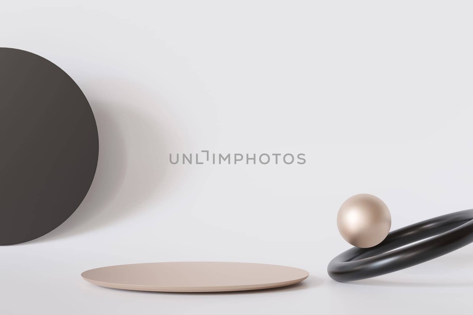 Empty minimalist scene with abstract black and metallic shapes. Beige background. Template for product, cosmetic presentation. Mock up. Backdrop with empty, copy space. Display, showcase. 3D render. by creativebird