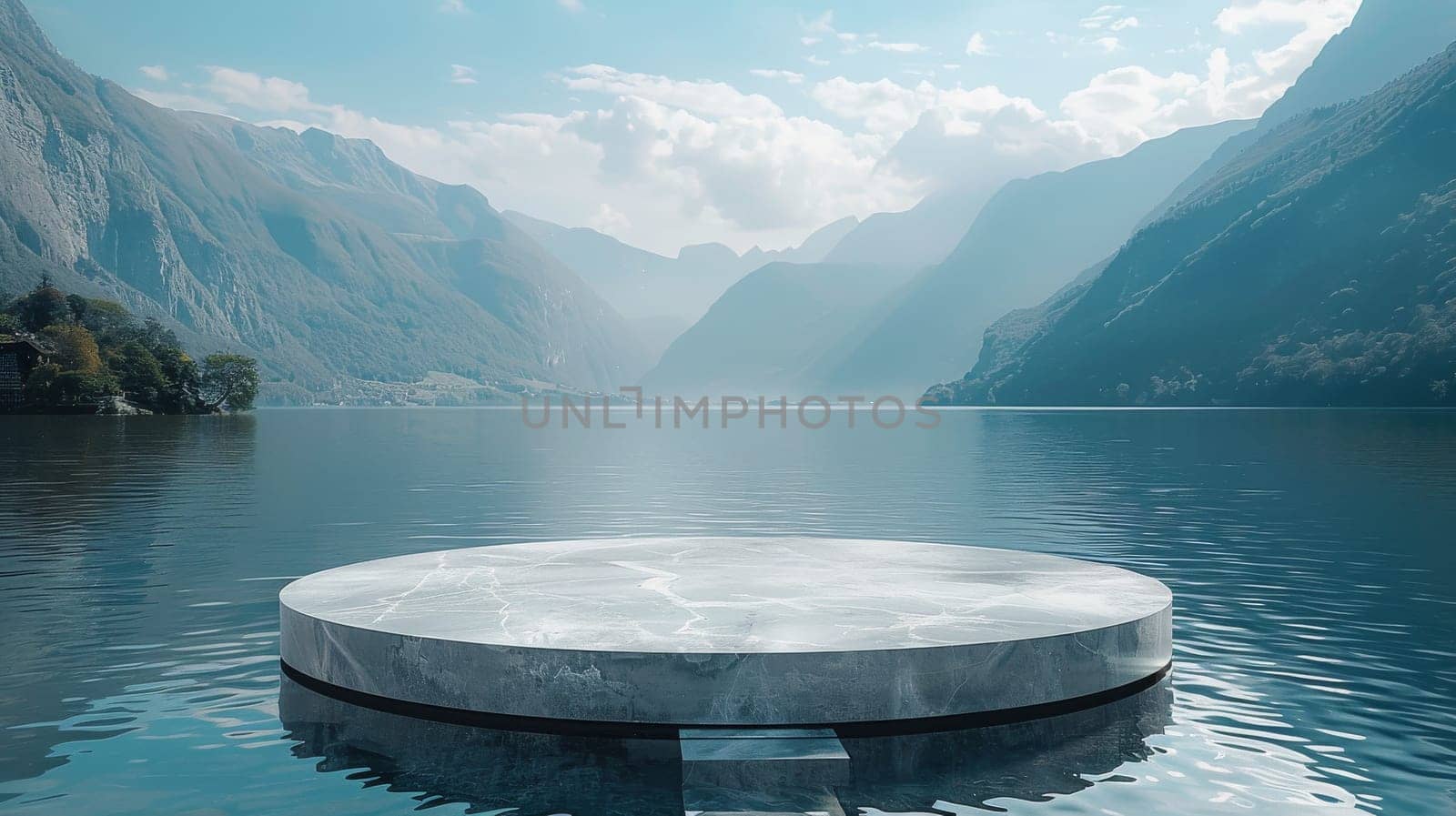 A large round or podium show case white object sits on a body of water by itchaznong
