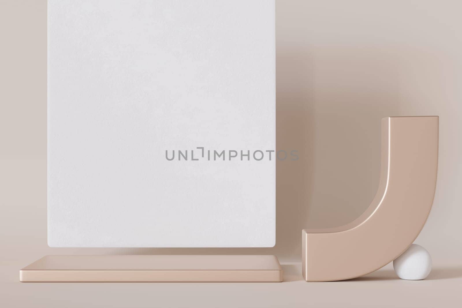 Empty minimalist scene with abstract white and metallic shapes. Beige background. Template for product, cosmetic presentation. Mock up. Backdrop with empty, copy space. Display, showcase. 3D render