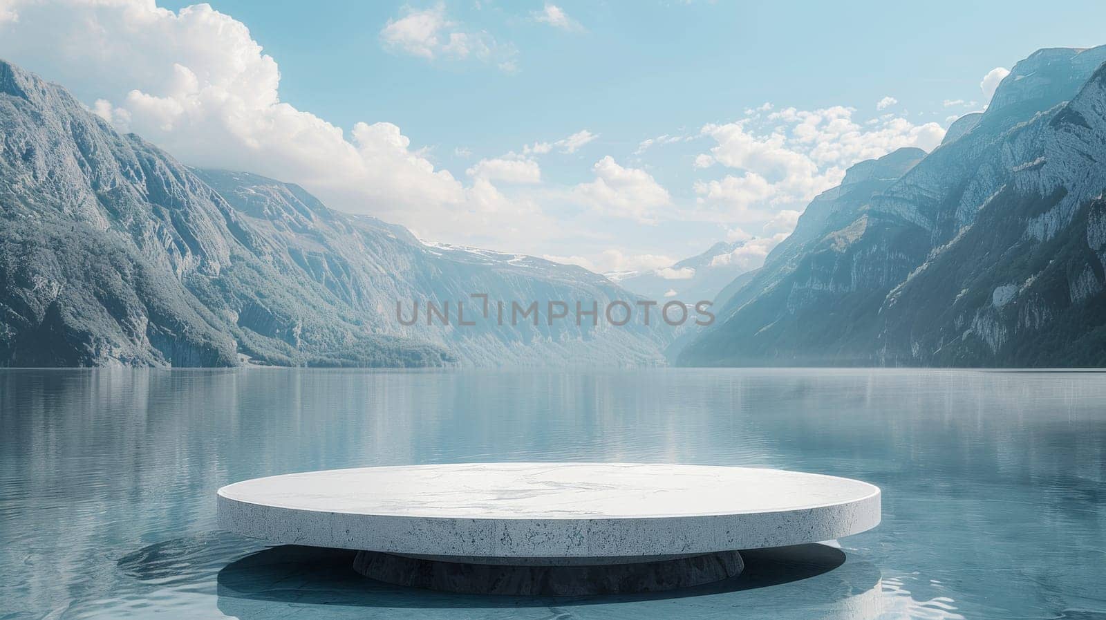 A large round or podium show case white object sits on a body of water by itchaznong