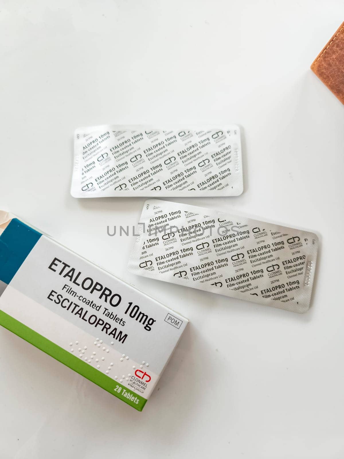 DONEGAL, IRELAND - SEPTEMBER 27 2023: Antidepressive Escitalopro 10mg laying on a table