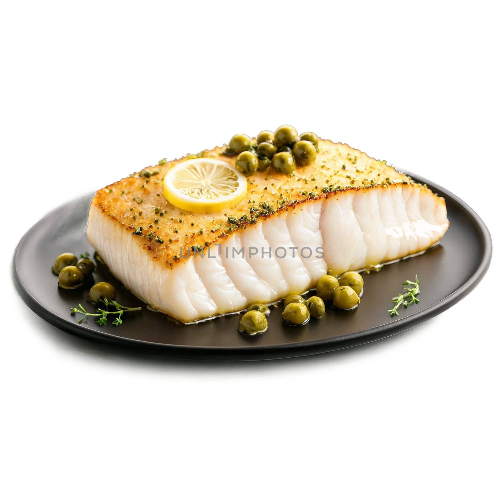 Halibut fillet pan seared with a golden crust and a moist flaky interior topped with by panophotograph