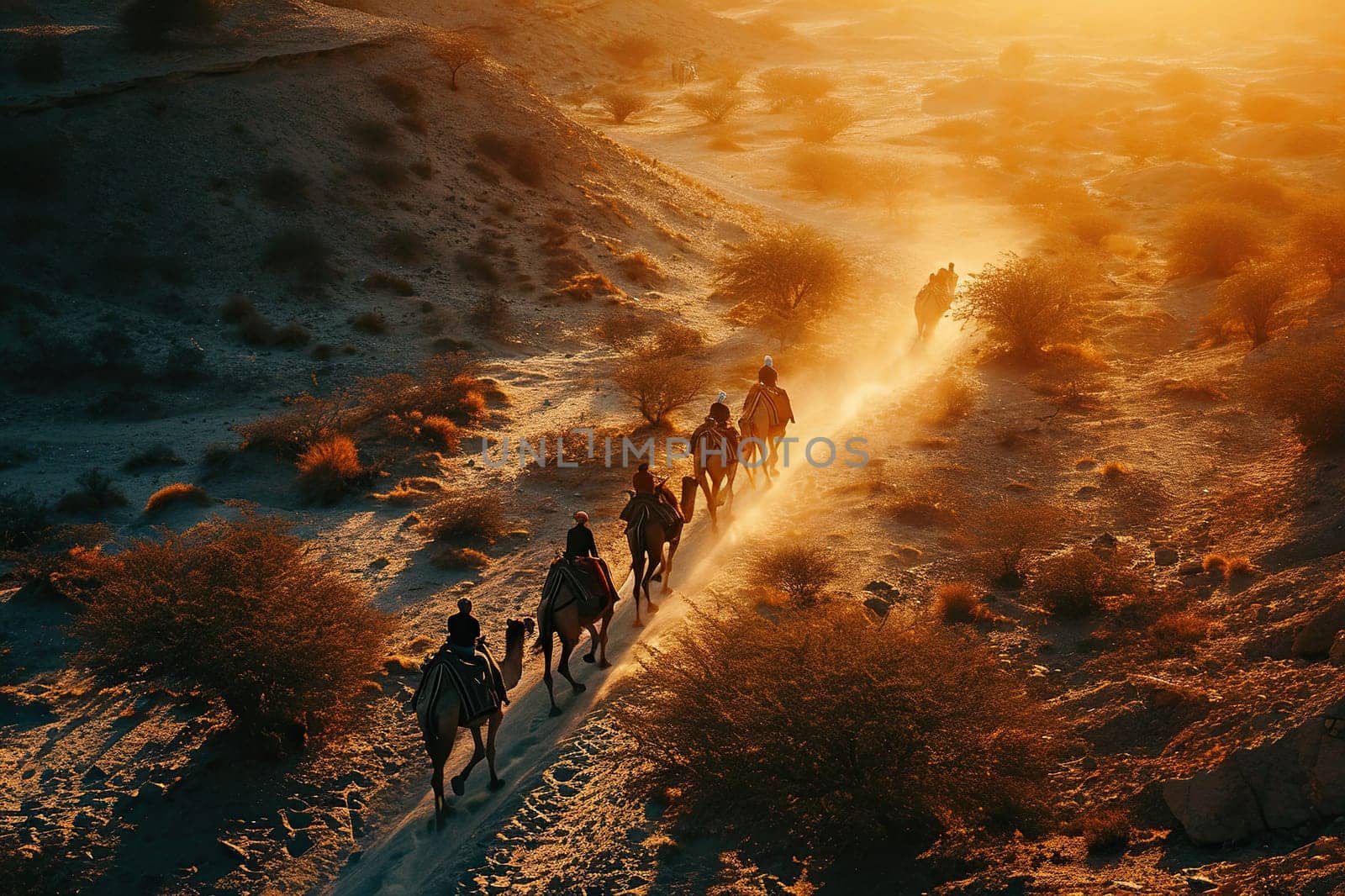 Top view of a camel caravan in the desert at evening.