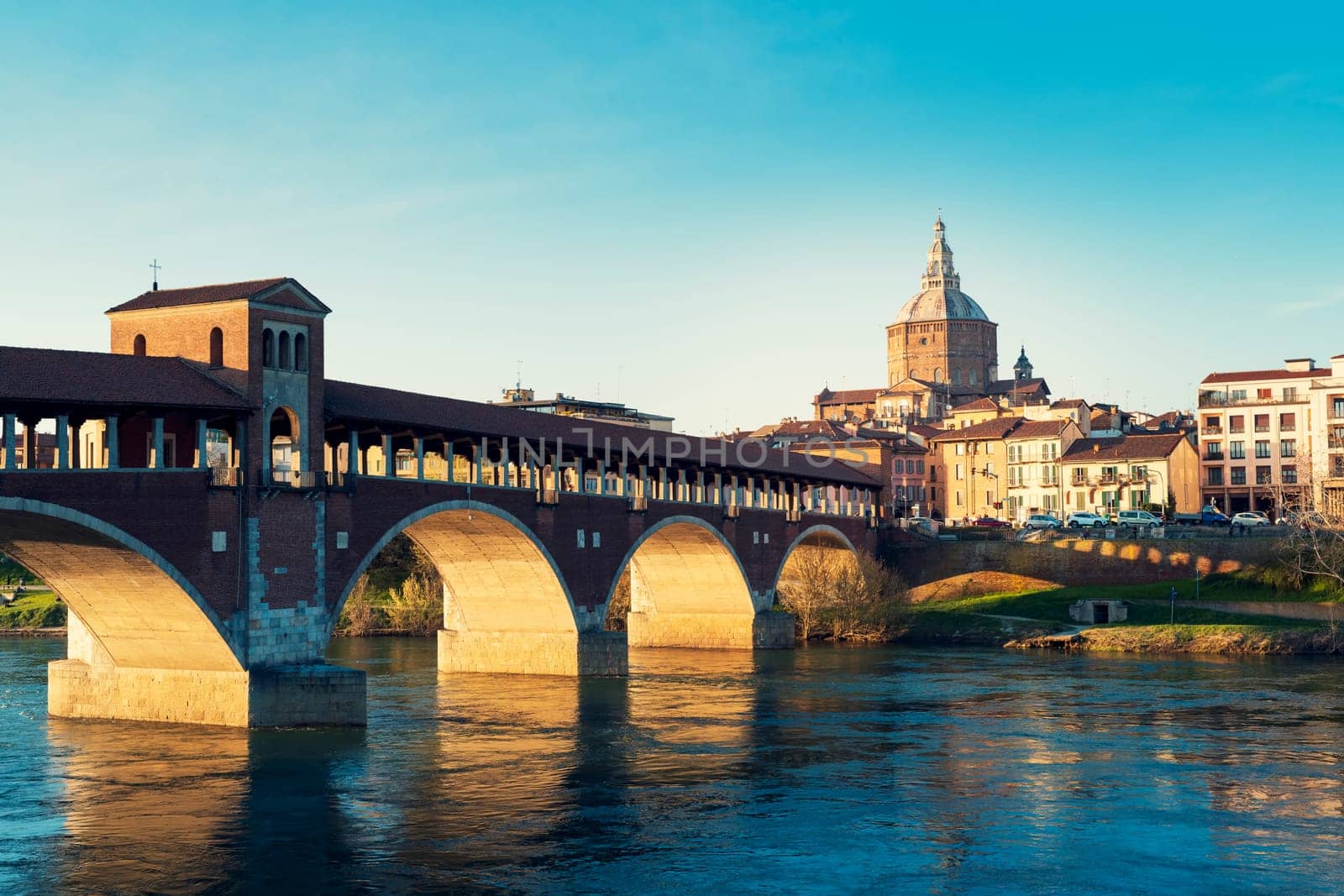 Amazing panorama of covered bridge and Pavia cathedral at sunny day by Robertobinetti70