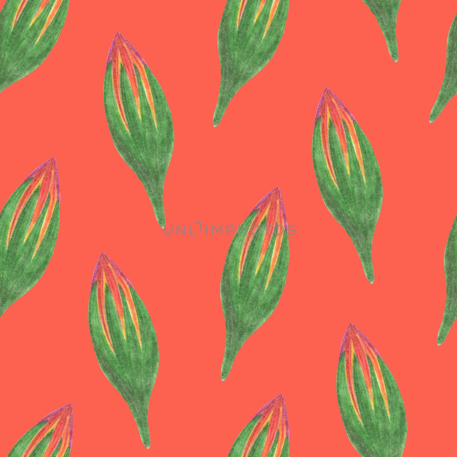 Marigold Flower Bud Seamless Pattern. Floral Bud Digital Paper on Red Background.