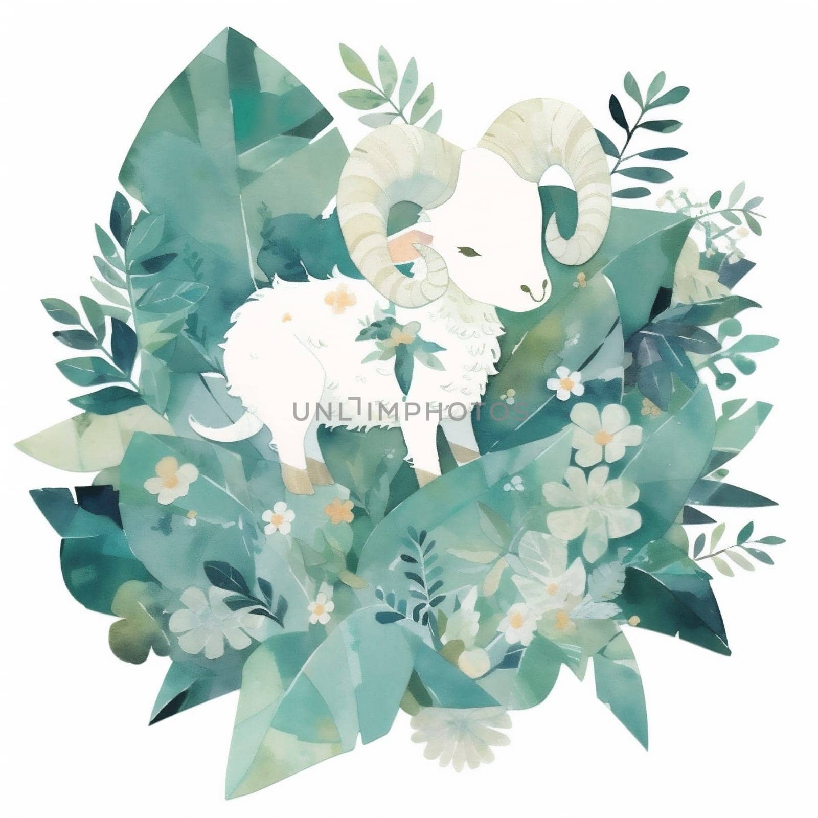 Cute Sheep in Tropical Leaves. Illustration of Ram in Pastel Colors. by Rina_Dozornaya
