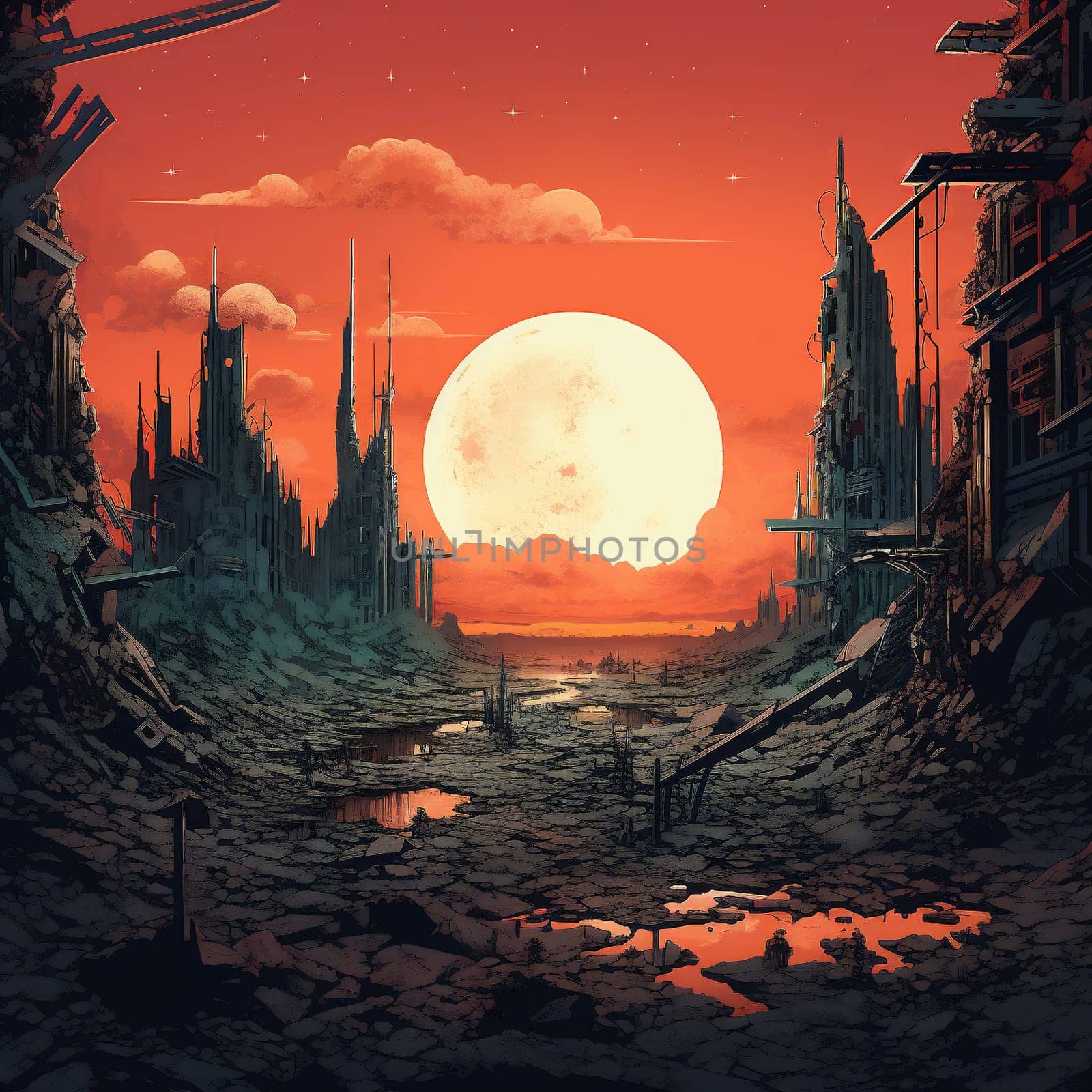 Space background, World collapse, Doomsday Scene Concept Illustration. Video Game's Digital CG Artwork, Concept Illustration with Ruins. Destroyed City against the Backdrop of Sunset. Huge Yellow Sun in the Red Sky.