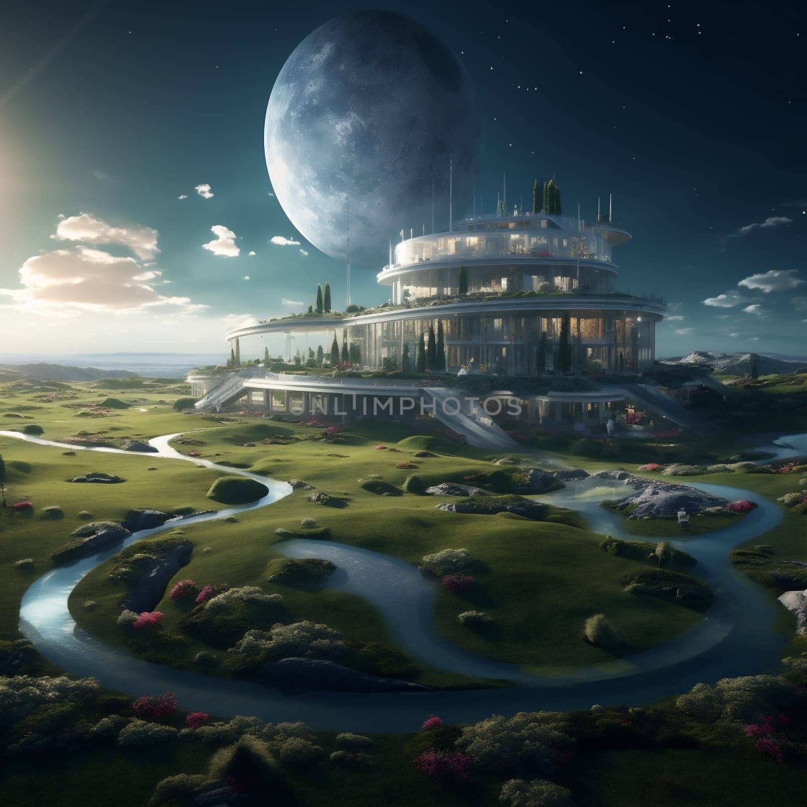 Sea Sunset in Magical World. Island with Fairy Castle. Landscape with Meadow and River. Video Game's Digital CG Artwork, Concept Illustration.