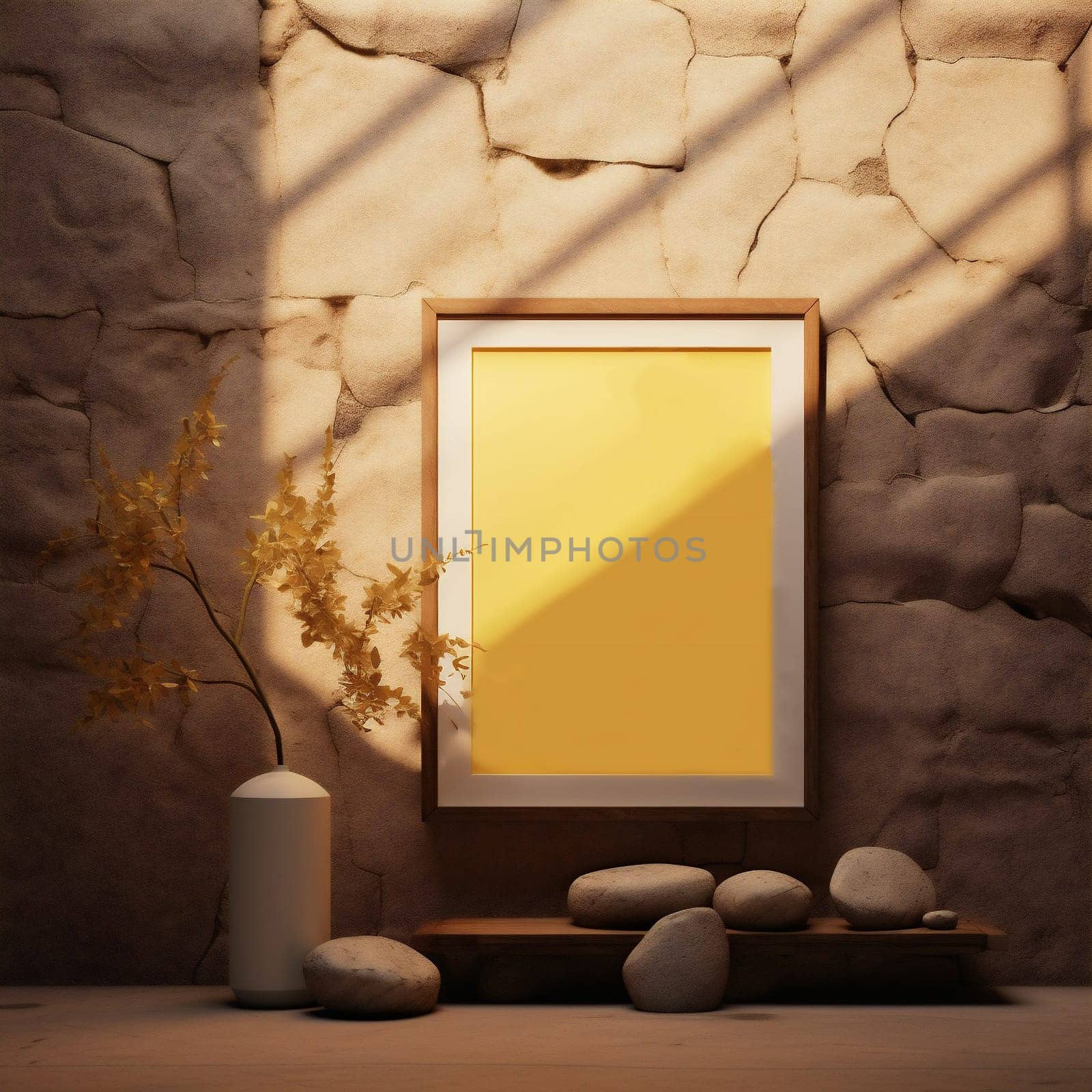 Poster Frame Design Ttemplate for Exhibition or Advertising. Picture Frame Mock Up on Brick Wall. Mockup Poster Frame with Ethnic Decor Close up in Loft Interior. Boho Beige Livingroom with Plant, Stones and Picture Frame Background.