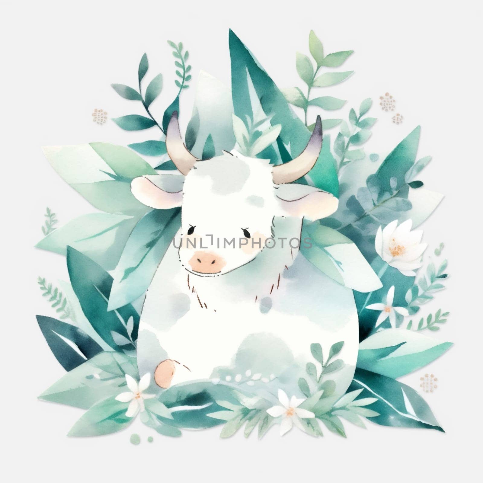 Cute Bull in Tropical Leaves. Illustration of Ox Animal in Pastel Colors. by Rina_Dozornaya