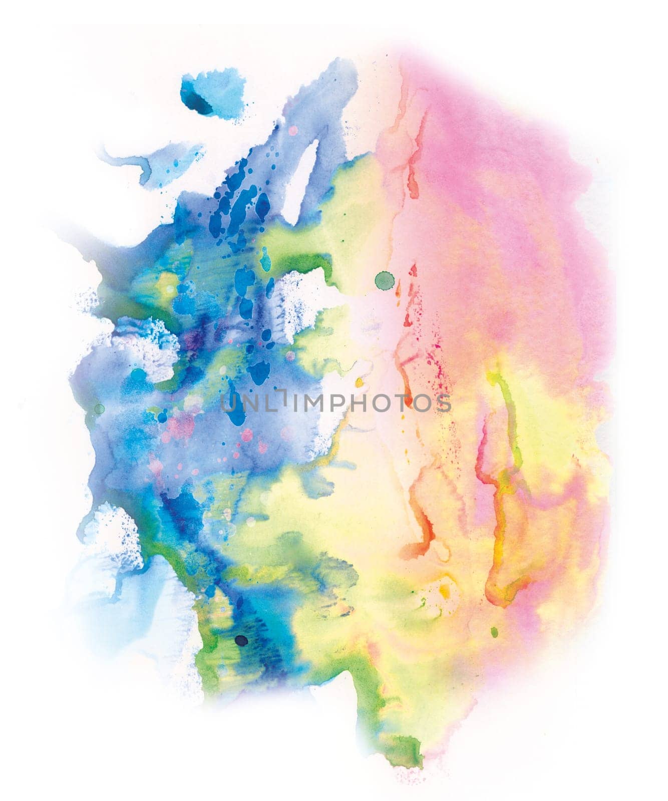 Drops and blots together with watercolor and gouache monotypes isolated on a white background for design and creating art effects