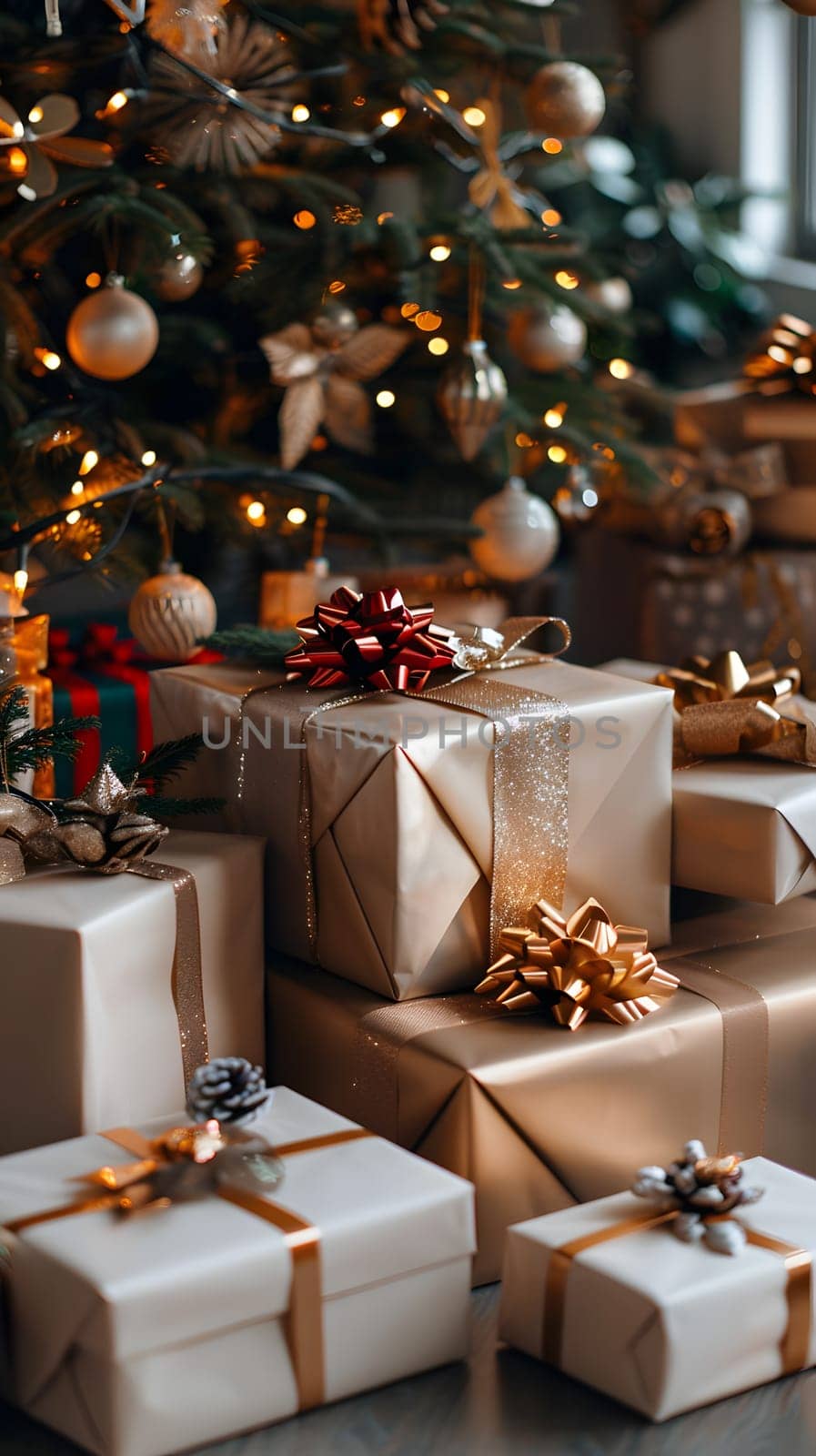 A stack of Christmas gifts nestled beneath a beautifully decorated Christmas tree, surrounded by festive ornaments and holiday decorations