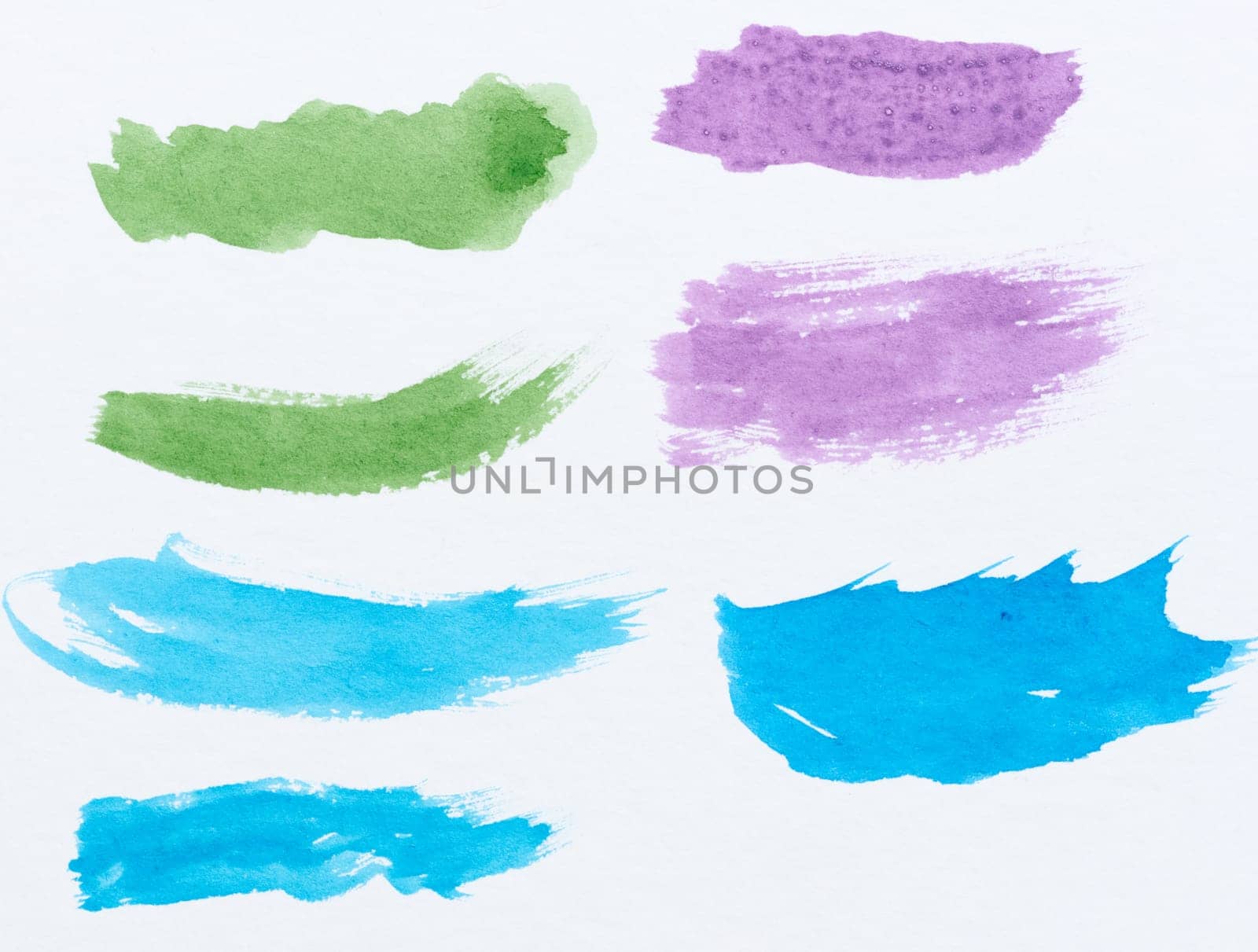 Watercolor brush stroke of blue and green paint, on a white background, set