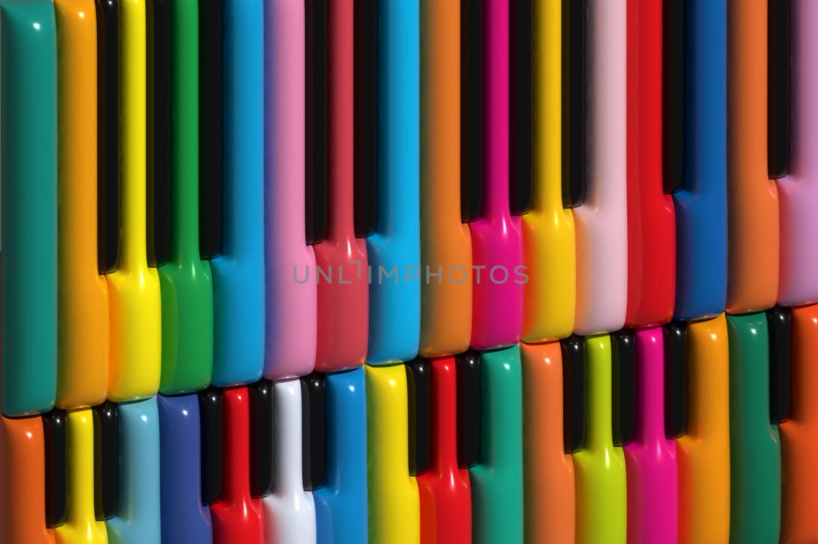 Multicolored piano keys, 3D rendering illustration by ndanko