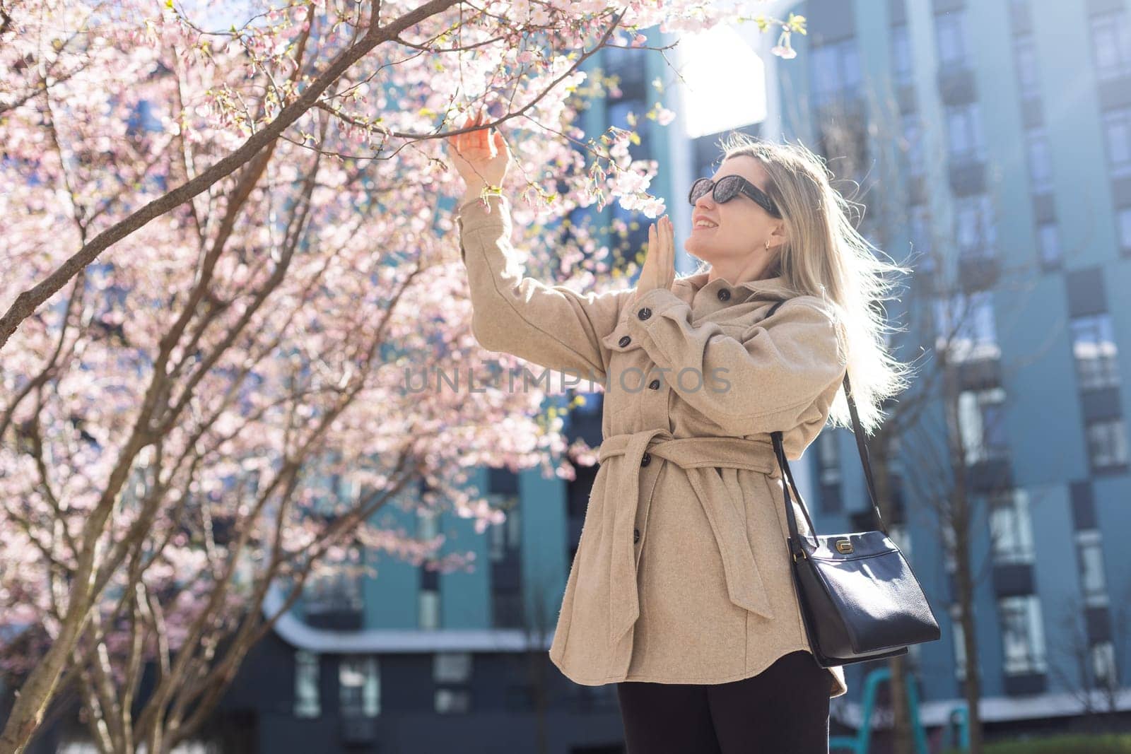Sakura branches with flowers on a tree on the city streets. Happy woman girl in a gray palette walks along an alley with blooming sakura. Gorgeous fancy girl outdoors. Sakura tree blooming. High quality photo