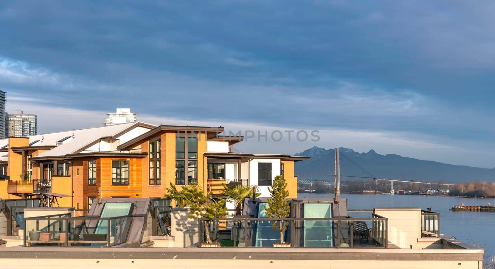 Top of residential apartment and townhouses in Queensborough community.