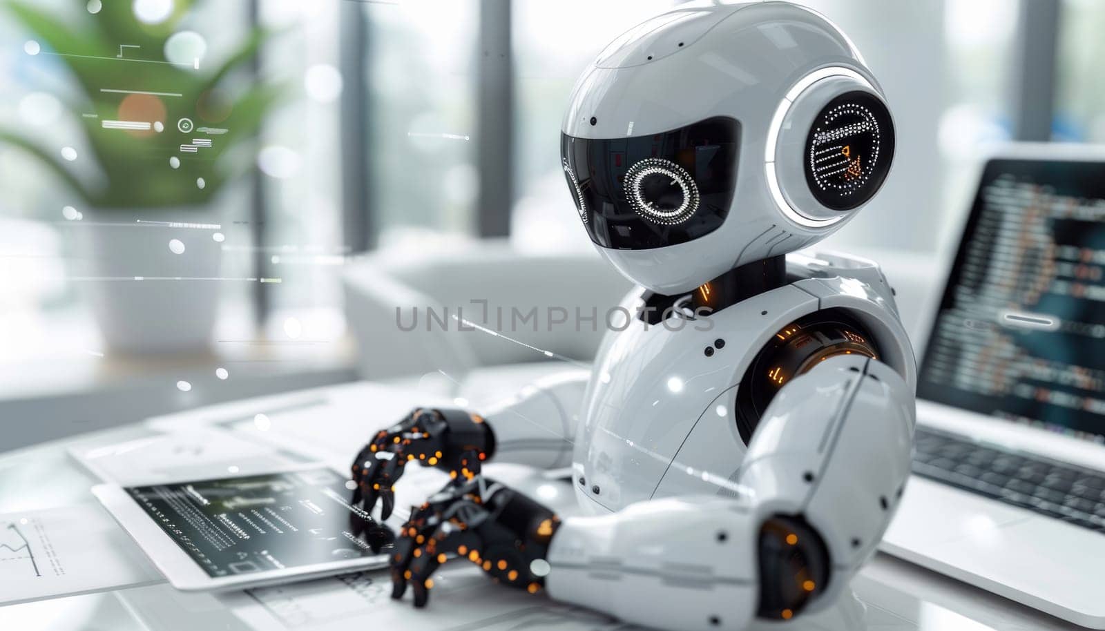 A robot is sitting on a laptop computer with a keyboard and a mouse by AI generated image.