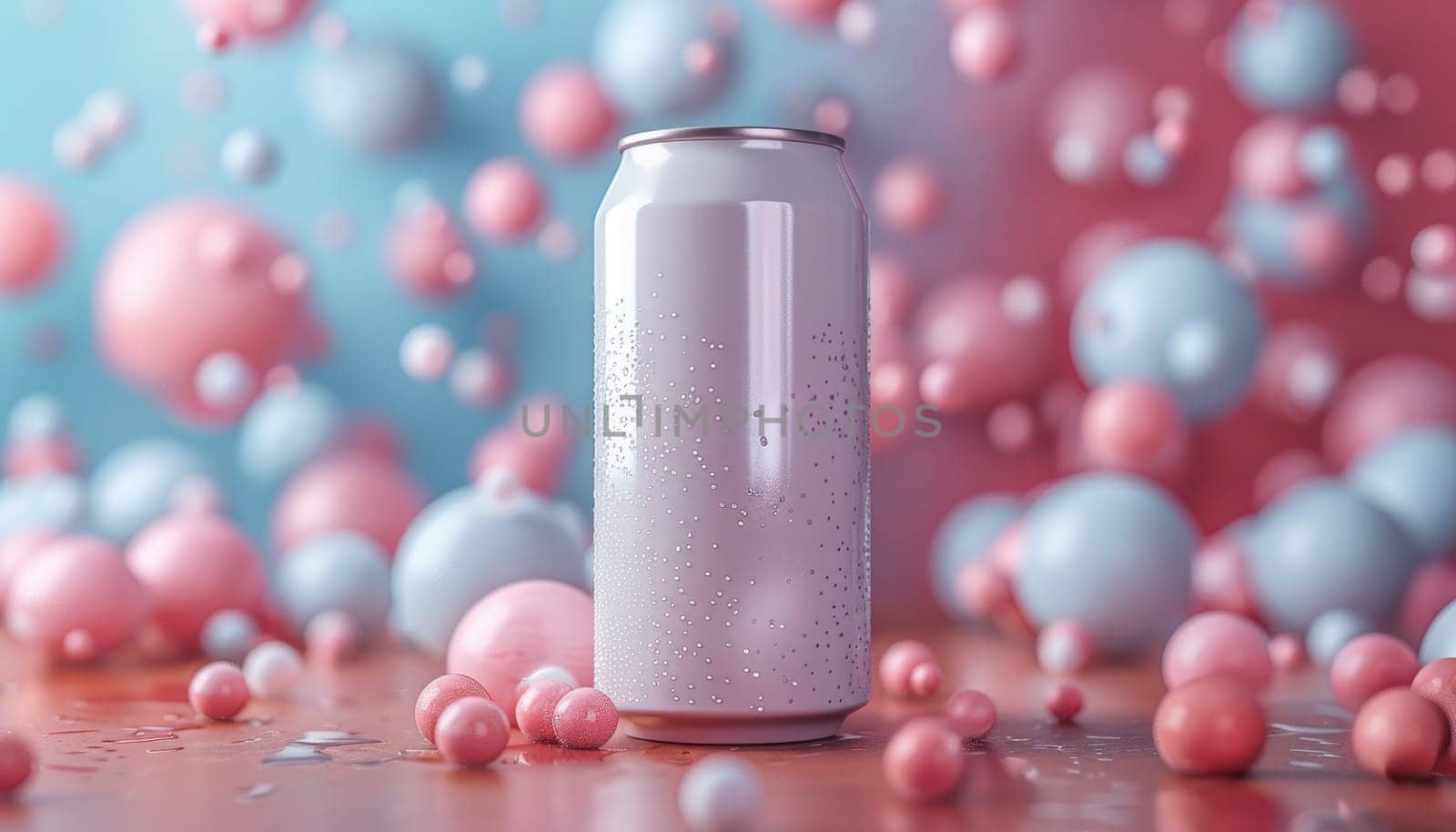 A can of soda is surrounded by a bunch of pink and blue balls by AI generated image by wichayada