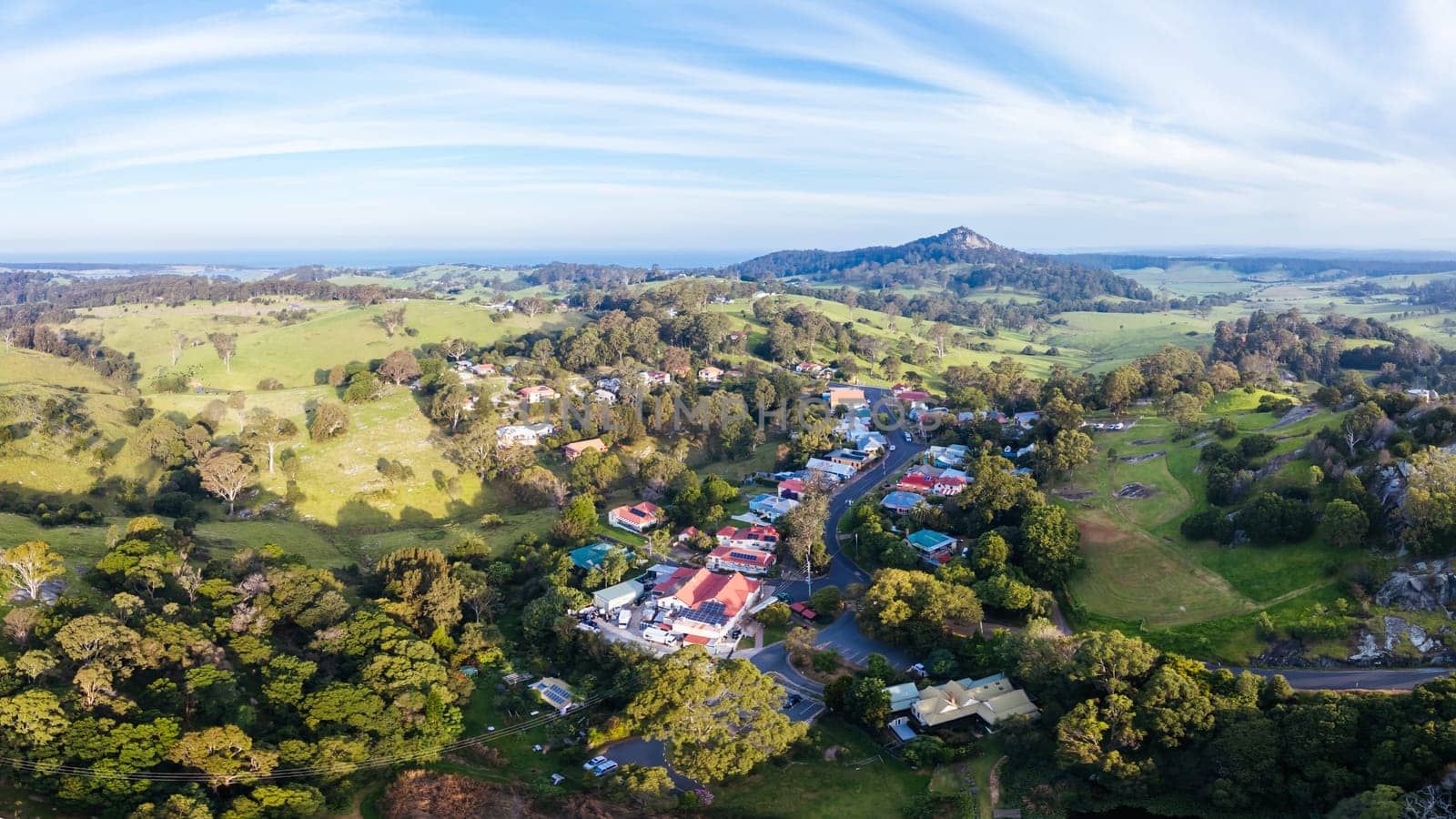 Aerial view over Central Tilba in its idyllic setting in New South Wales, Australia