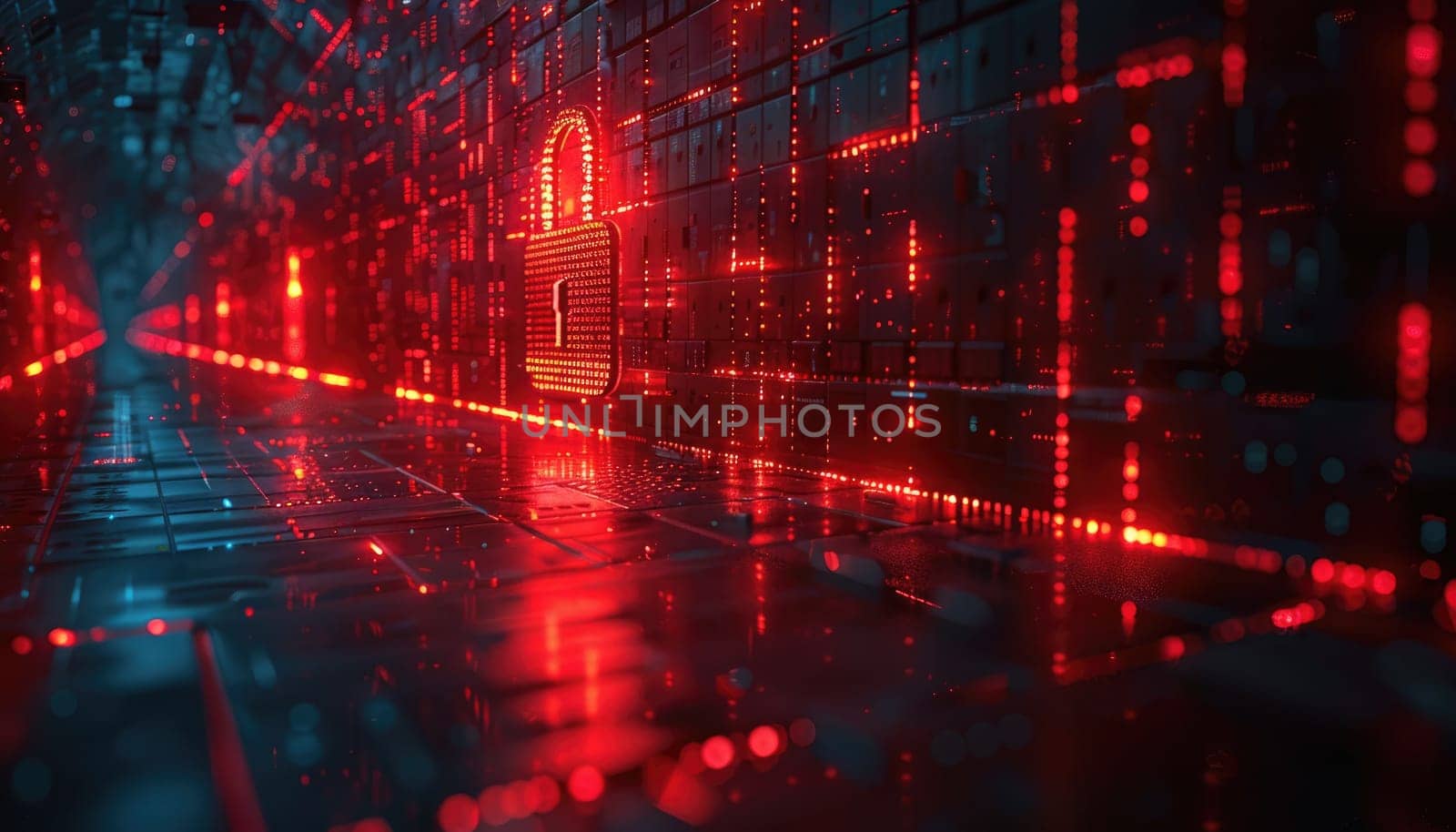 A red background with a glowing lock symbol by AI generated image.