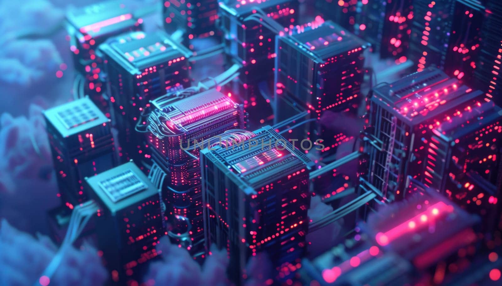 A cityscape with many buildings and a lot of red lights by AI generated image.