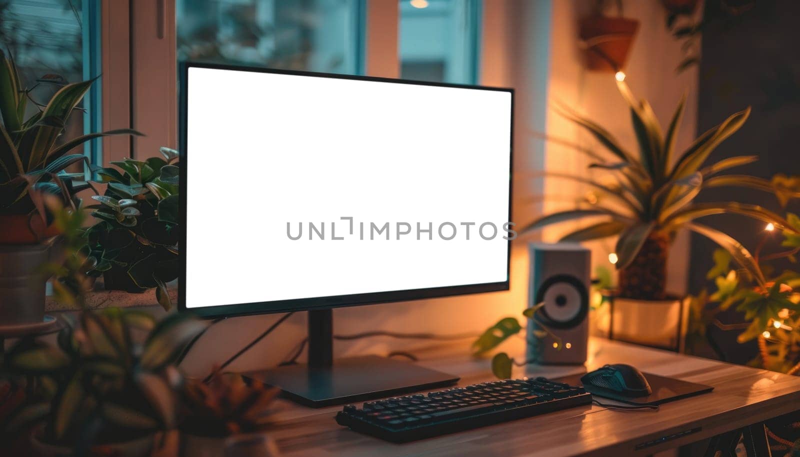 A computer monitor sits on a desk in a dimly lit room by AI generated image.