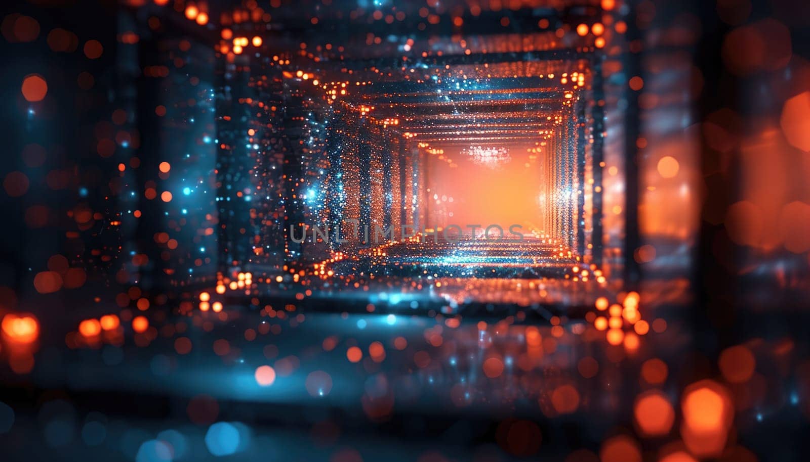 A dark tunnel with a bright orange light shining through it by AI generated image.