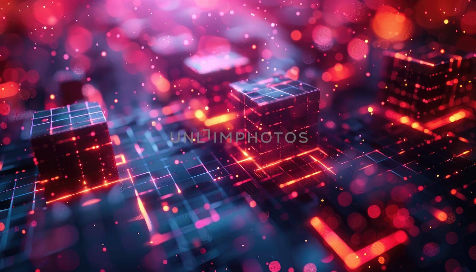 A computer screen with a red background and a bunch of cubes on it by AI generated image.