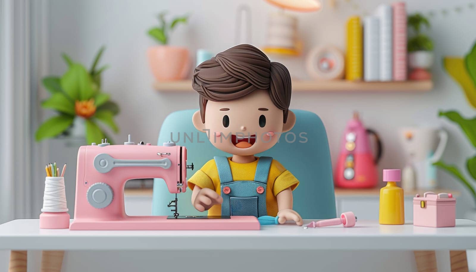 A cartoon boy is sitting at a desk with a sewing machine and a sewing kit by AI generated image by wichayada