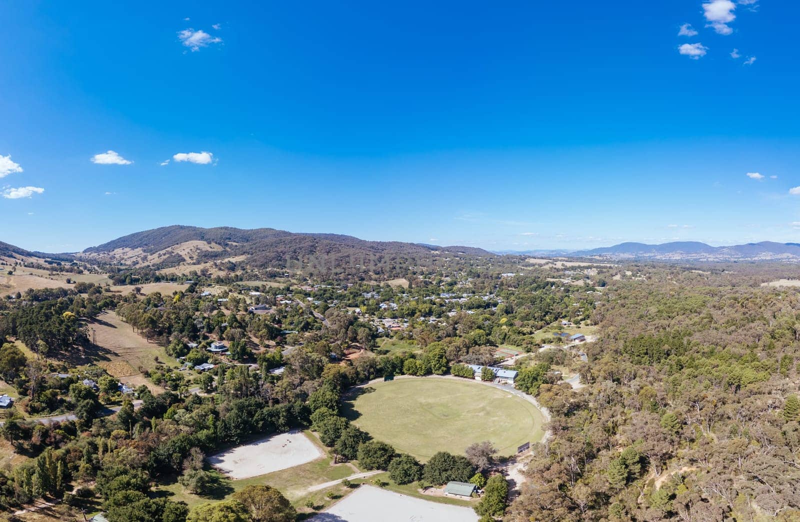 YACKANDANDAH, AUSTRALIA- DECEMBER 29 2023: An aerial view of the historic gold mining town of Yackandandah on a warm summers day in Victoria, Australia