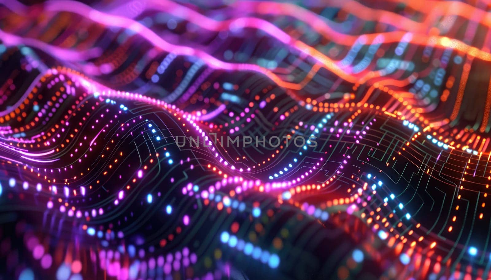 A colorful image of a circuit board with many small dots by AI generated image.