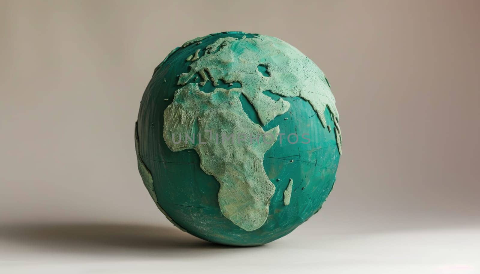 A small globe made of wood and painted green by AI generated image.