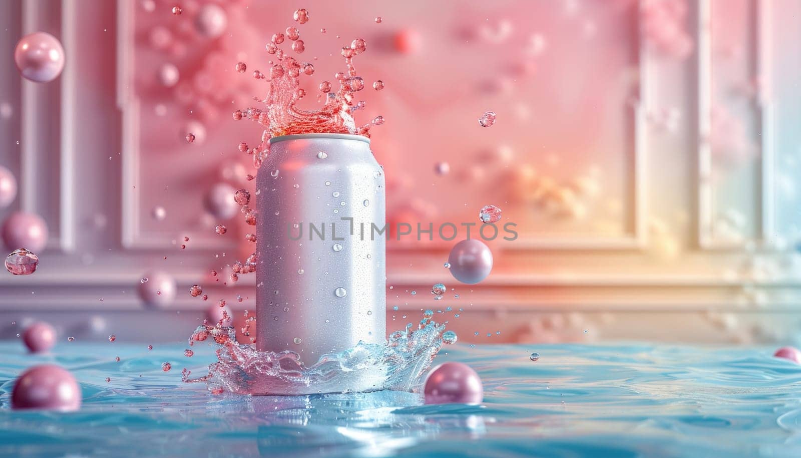 A can of soda is surrounded by a bunch of pink and blue balls by AI generated image by wichayada