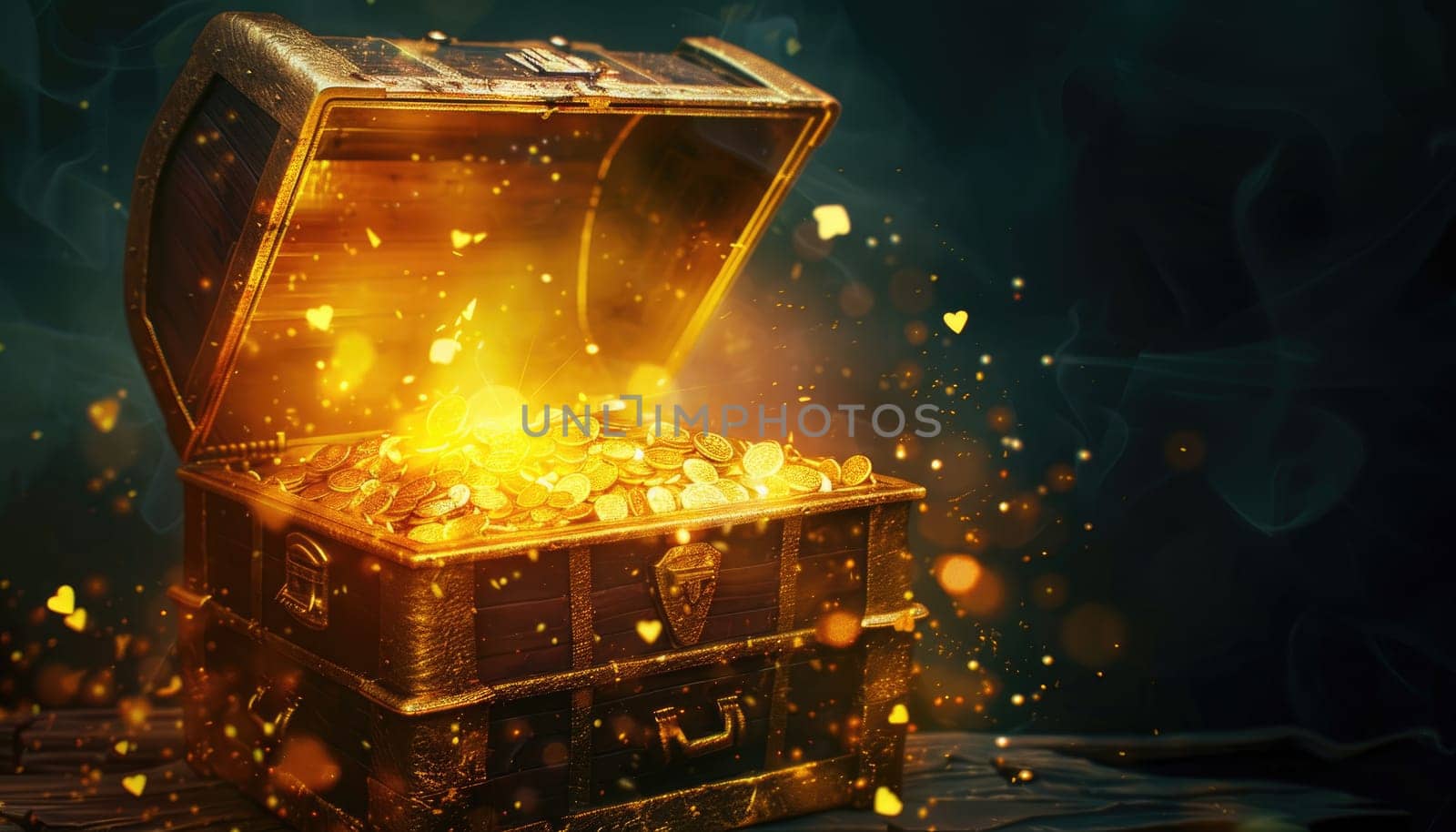 A gold chest with a lot of gold coins inside by AI generated image.