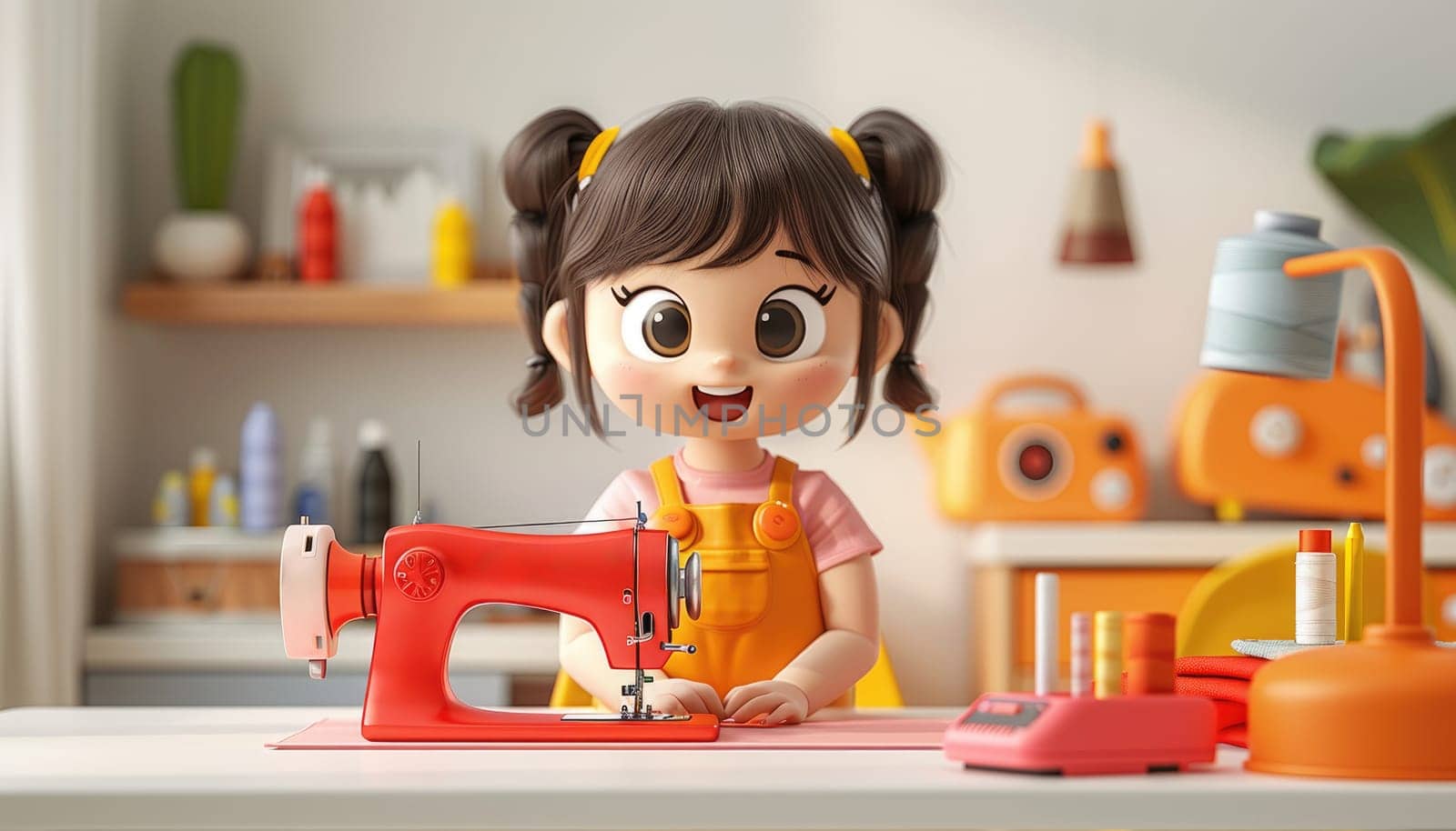 A young girl is sewing a piece of fabric with a red sewing machine by AI generated image.