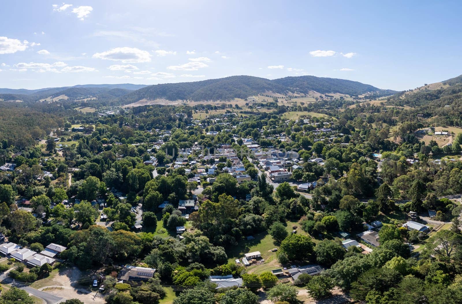 YACKANDANDAH, AUSTRALIA- DECEMBER 29 2023: An aerial view of the historic gold mining town of Yackandandah on a warm summers day in Victoria, Australia